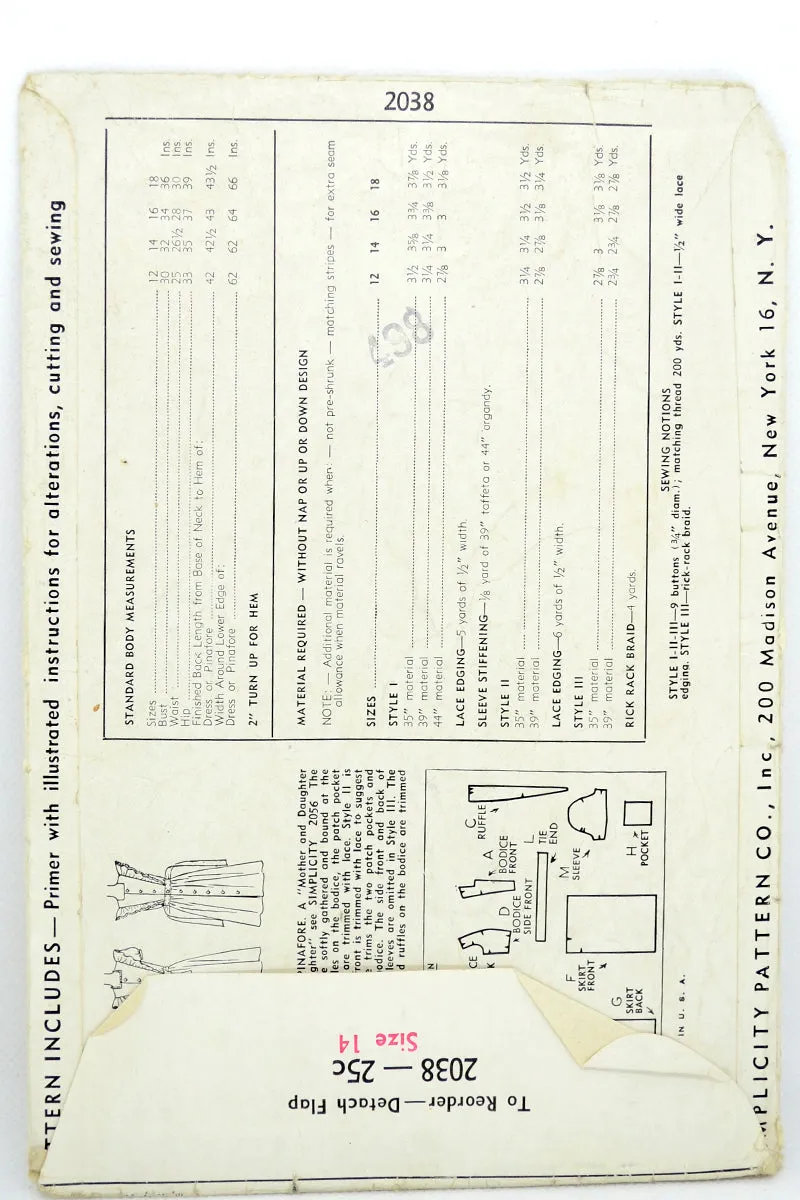 1943 Simplicity 2038 Vintage Pinafore Dress Sewing Pattern