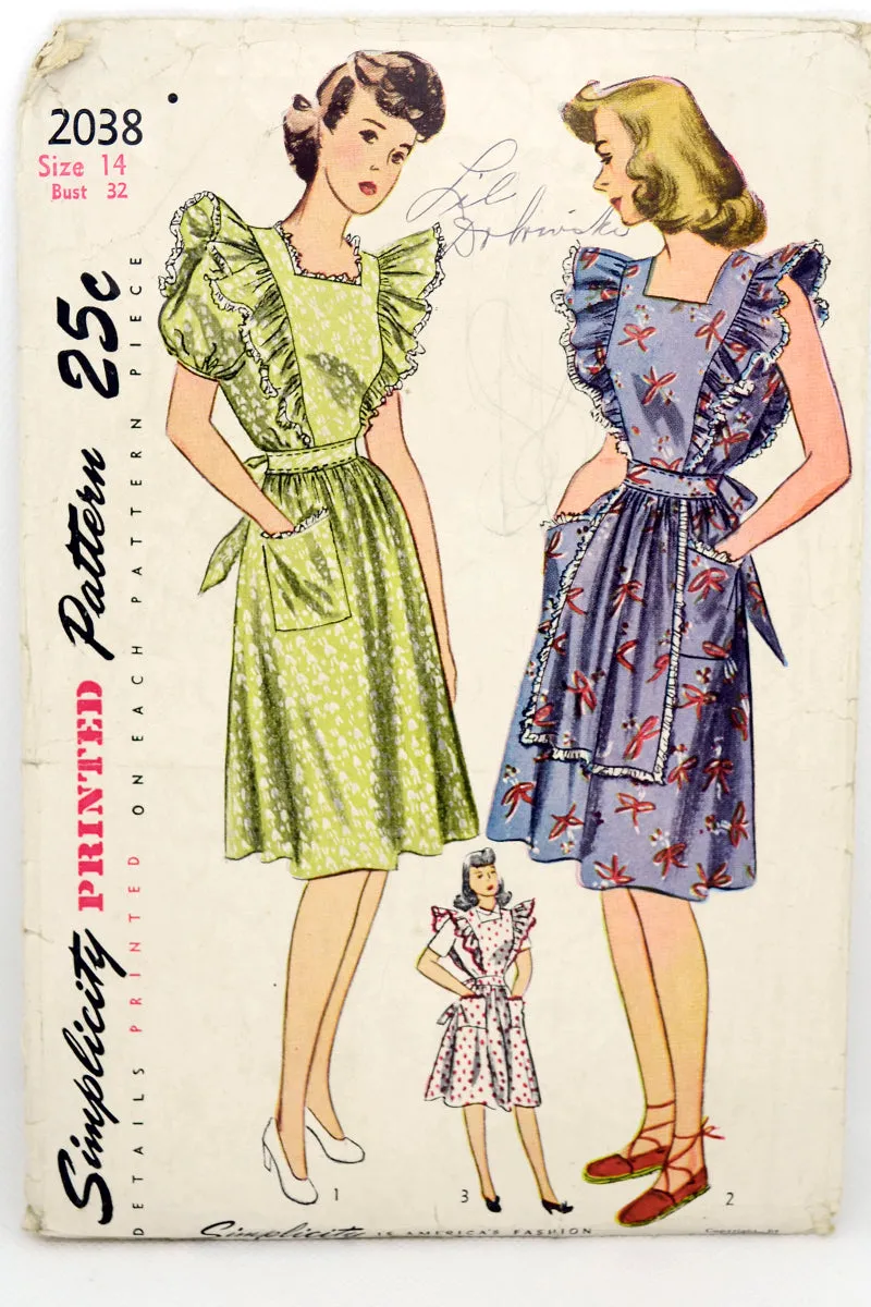 1943 Simplicity 2038 Vintage Pinafore Dress Sewing Pattern