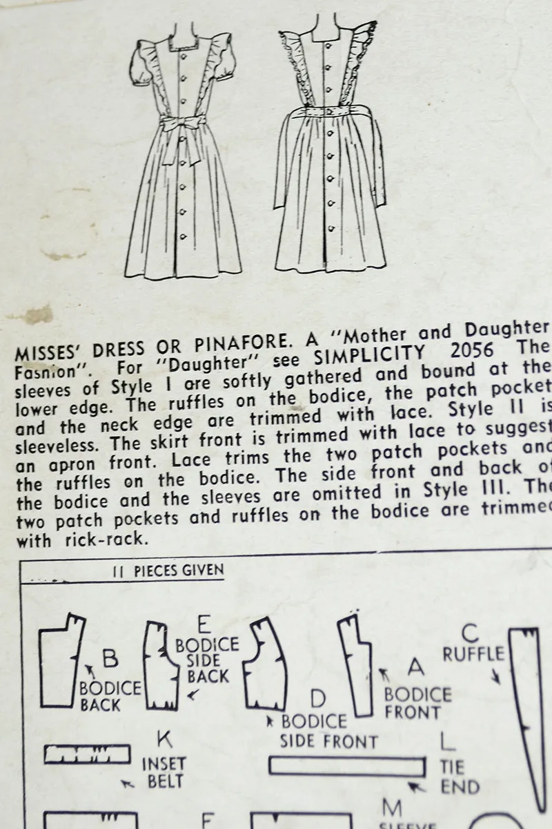 1943 Simplicity 2038 Vintage Pinafore Dress Sewing Pattern