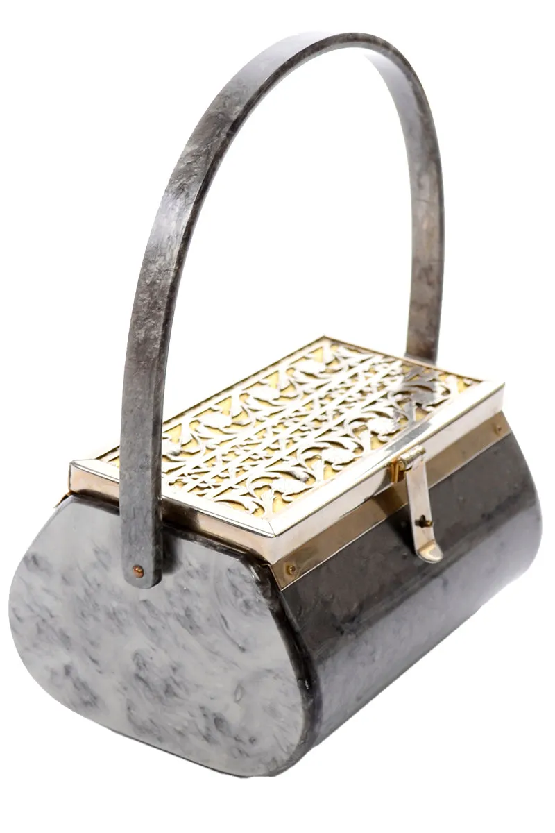 1950s Vintage Grey Marbled Lucite and Metal Handbag