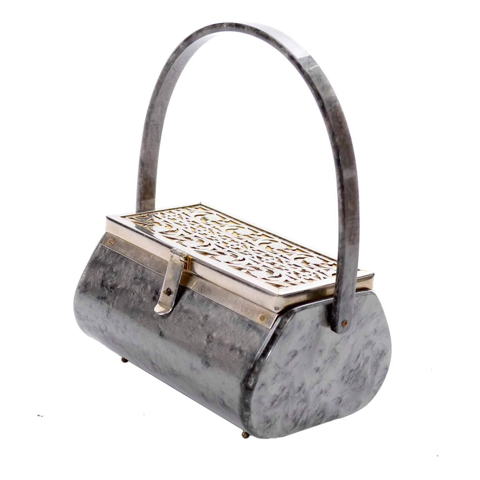 1950s Vintage Grey Marbled Lucite and Metal Handbag