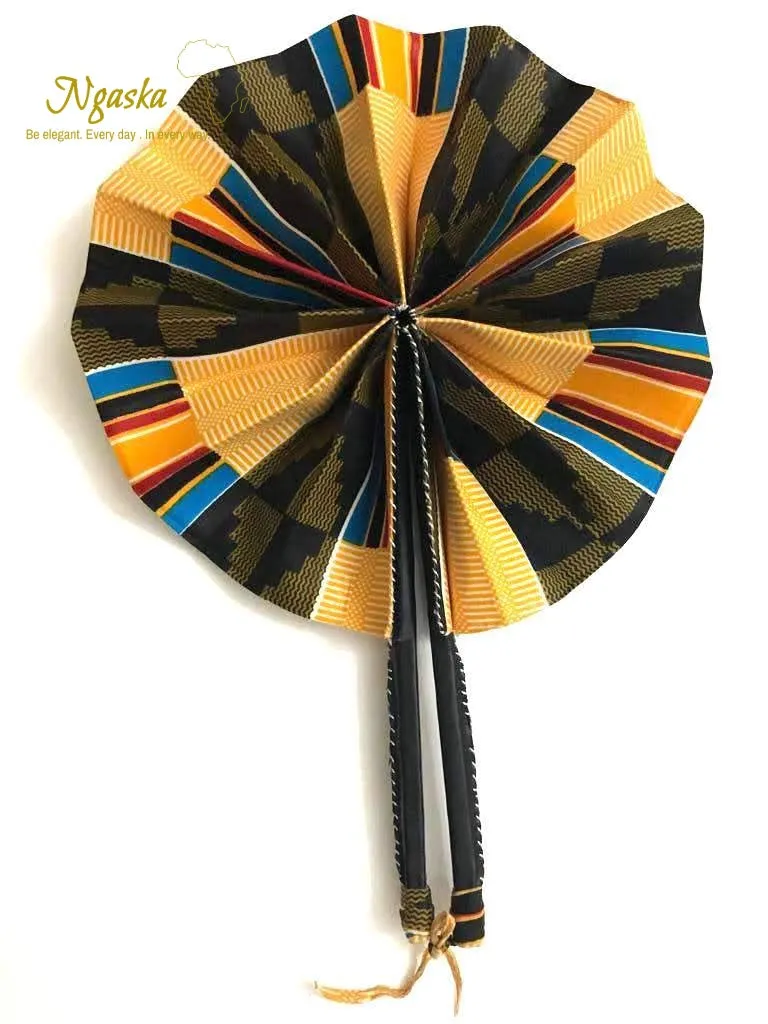 African Ankara Leather Handheld Fan, Fiery Orange - AF3