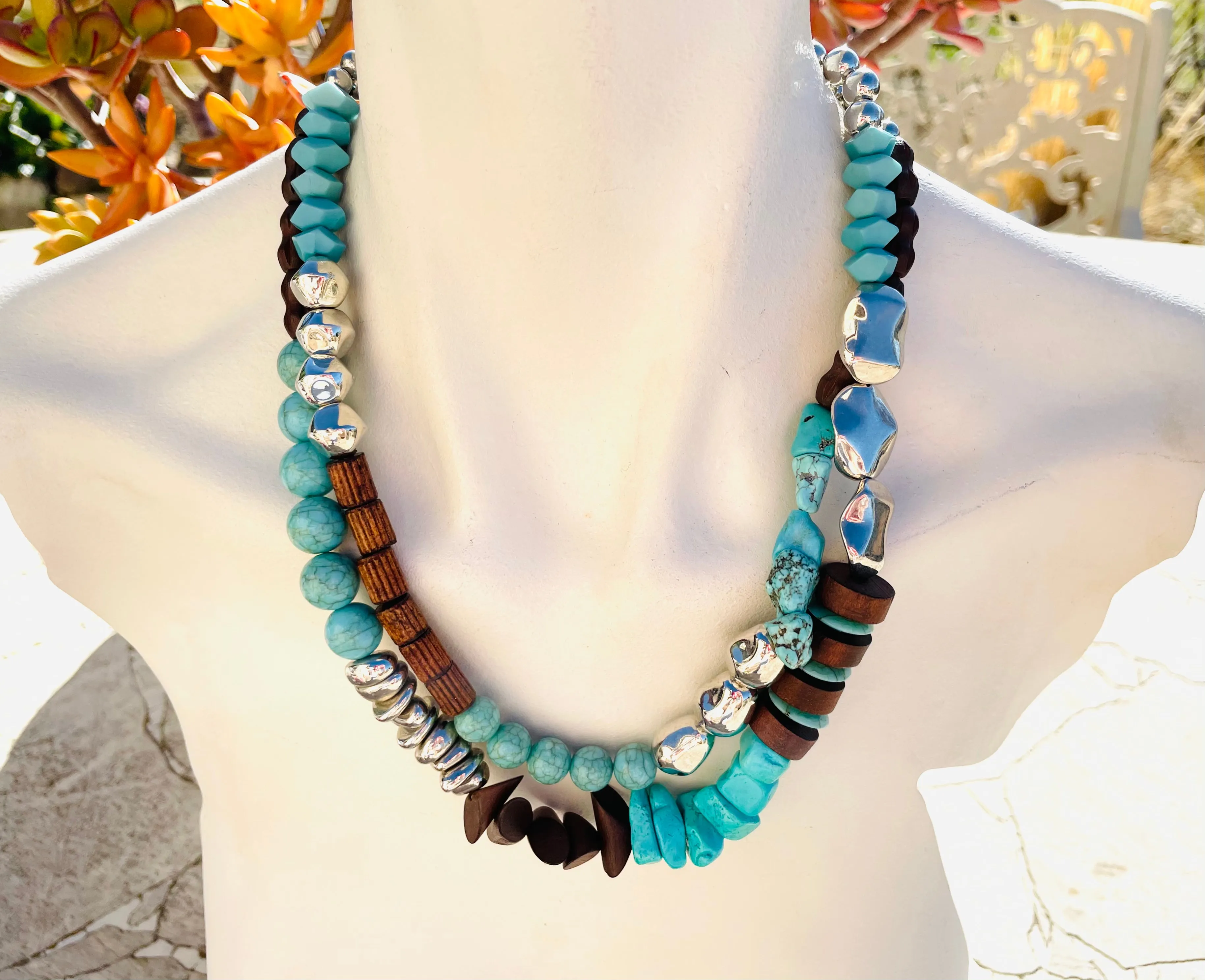 Artisan Silver Tone Wood Bead & Faux Turquoise Stone Double Layer Necklace