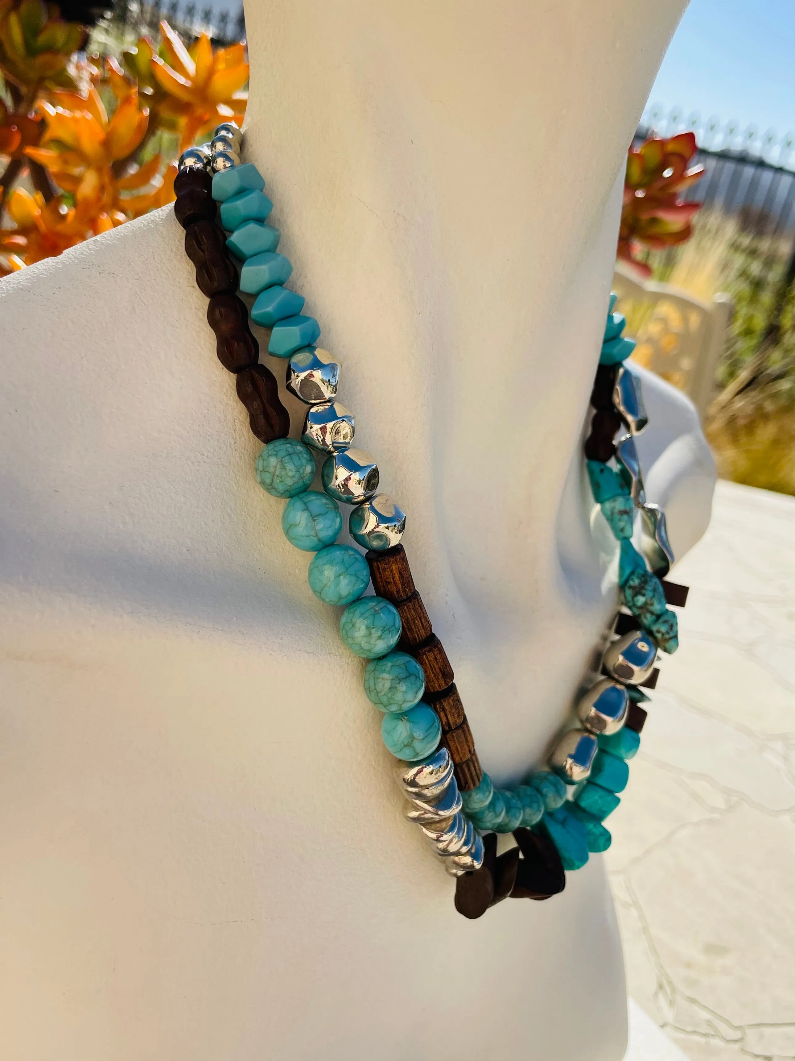 Artisan Silver Tone Wood Bead & Faux Turquoise Stone Double Layer Necklace