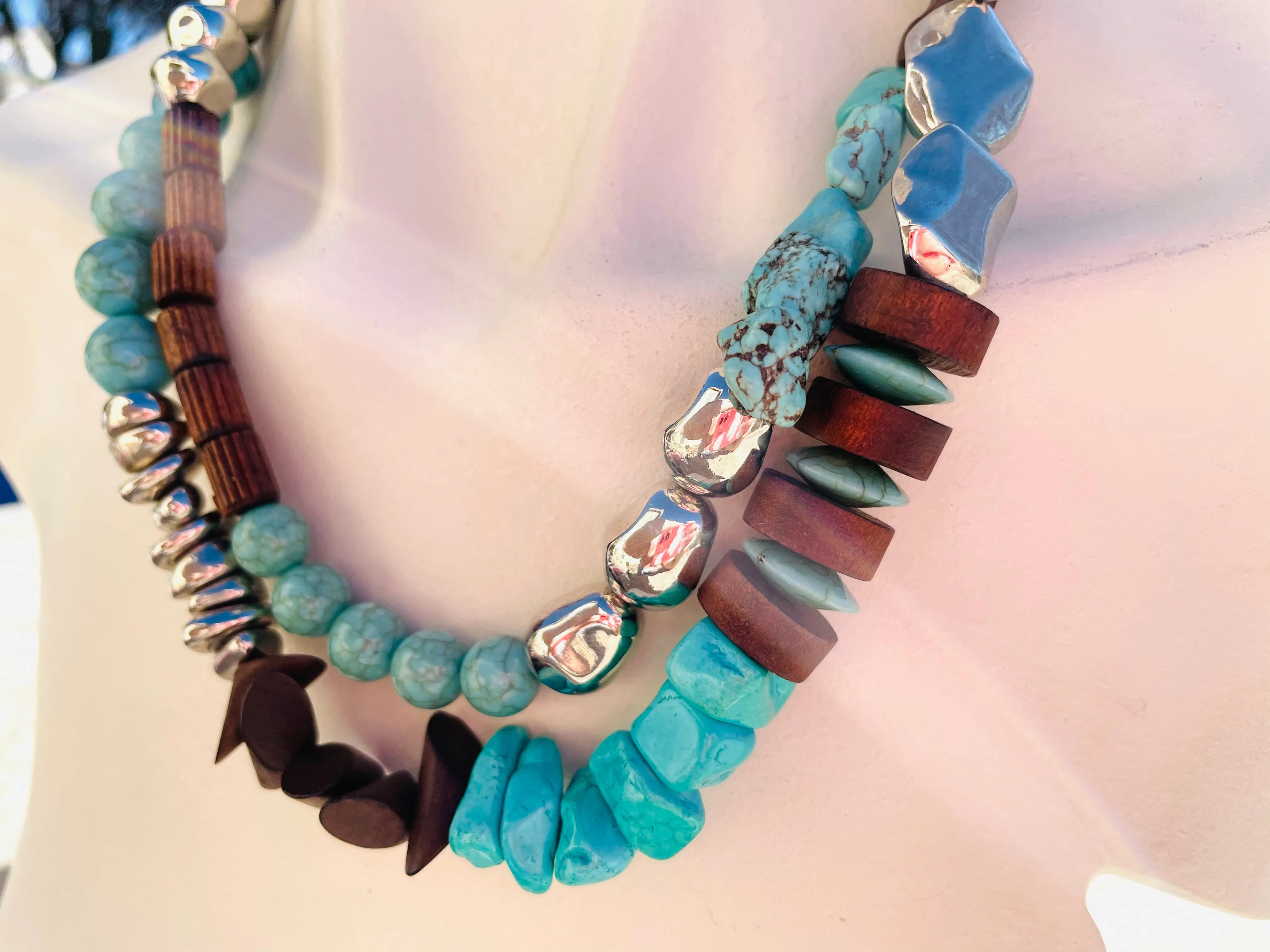 Artisan Silver Tone Wood Bead & Faux Turquoise Stone Double Layer Necklace