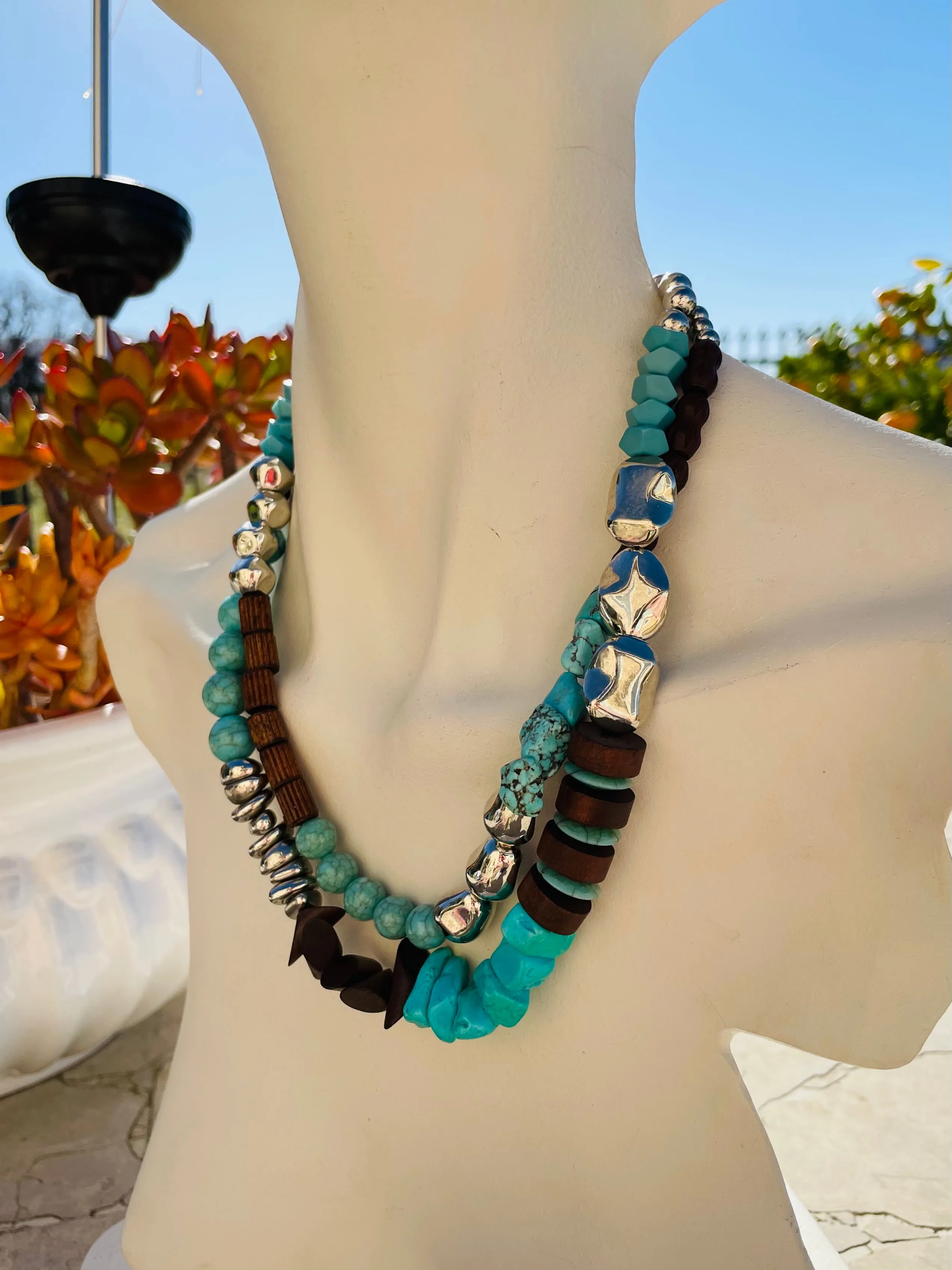 Artisan Silver Tone Wood Bead & Faux Turquoise Stone Double Layer Necklace