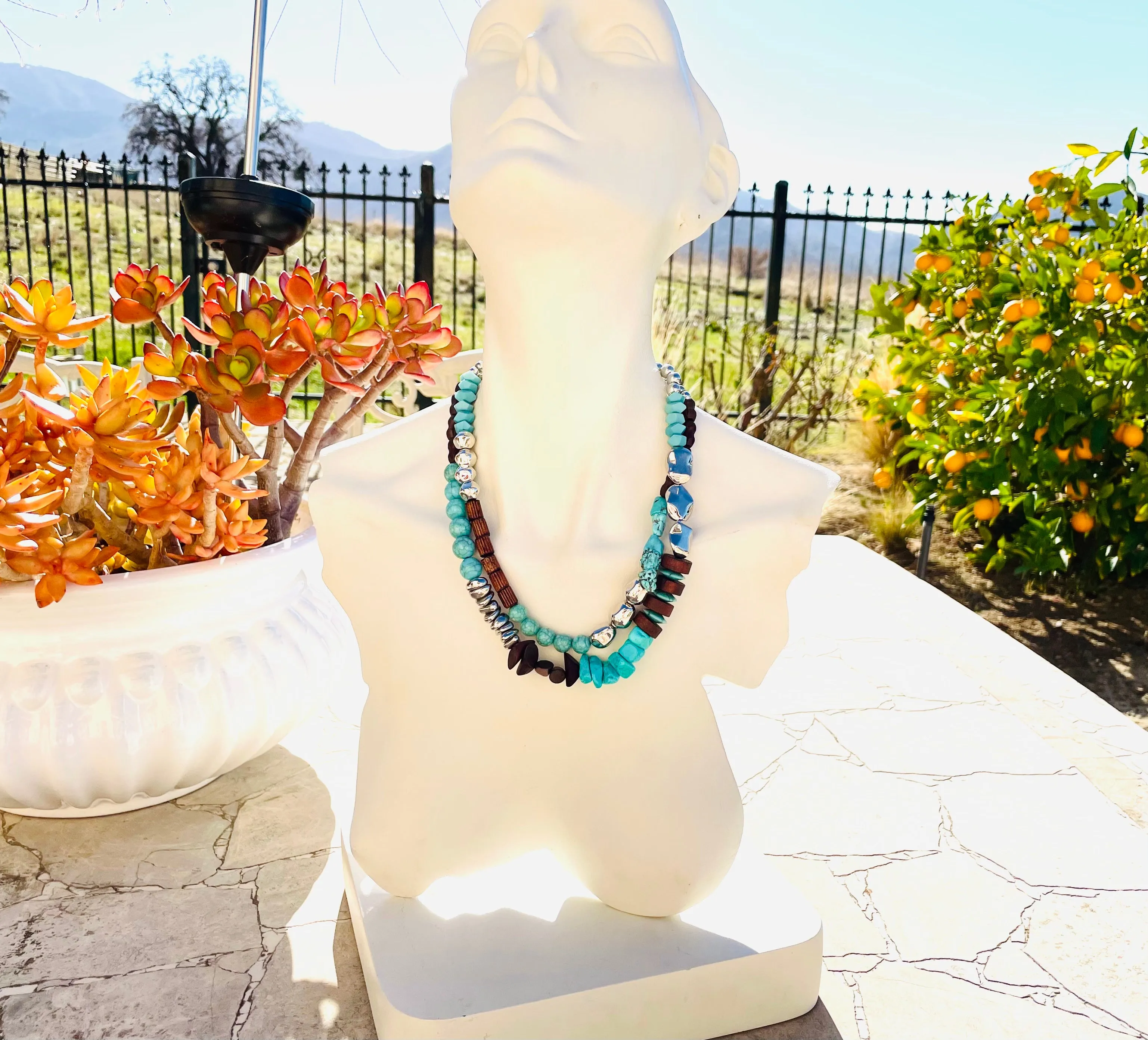 Artisan Silver Tone Wood Bead & Faux Turquoise Stone Double Layer Necklace