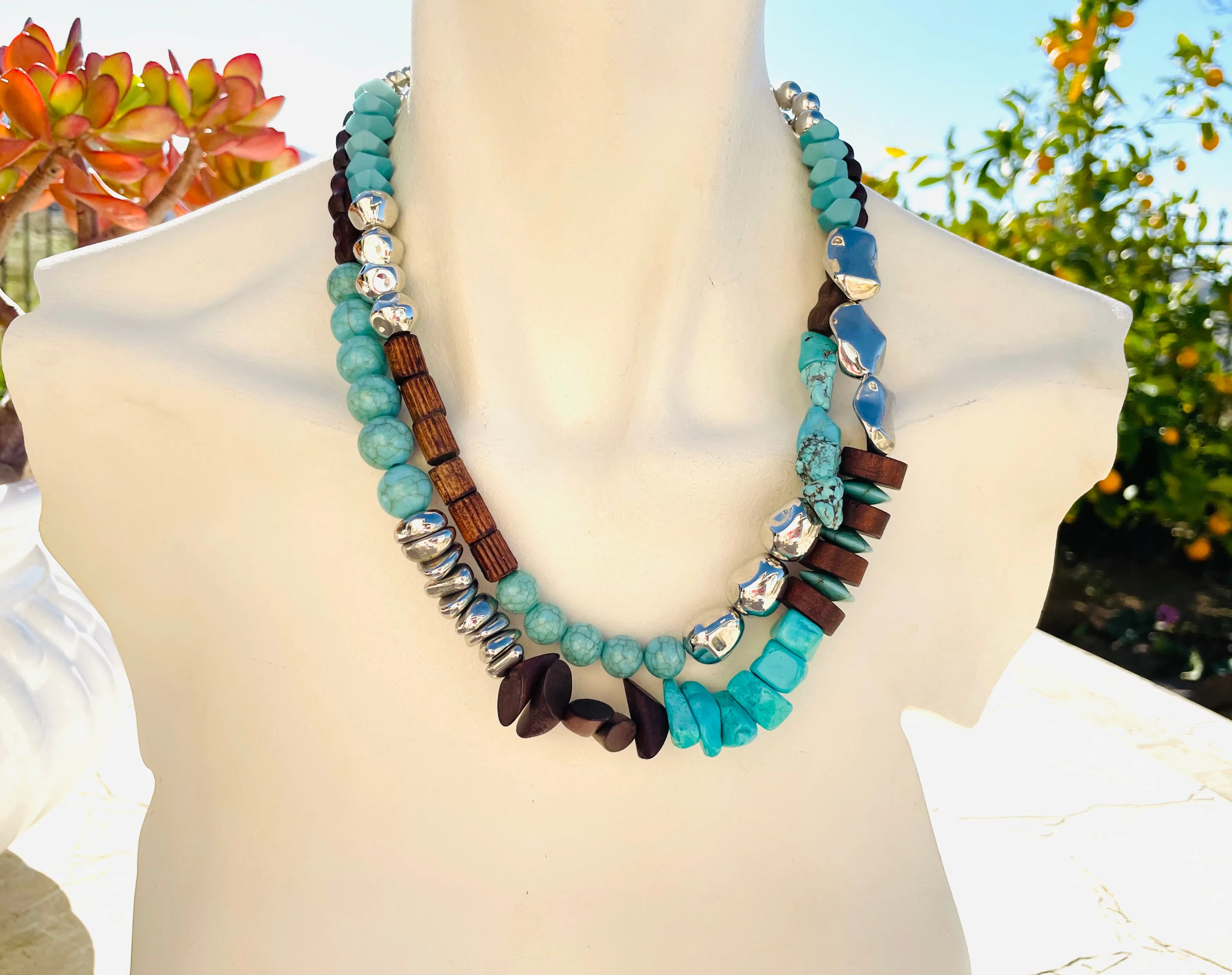 Artisan Silver Tone Wood Bead & Faux Turquoise Stone Double Layer Necklace