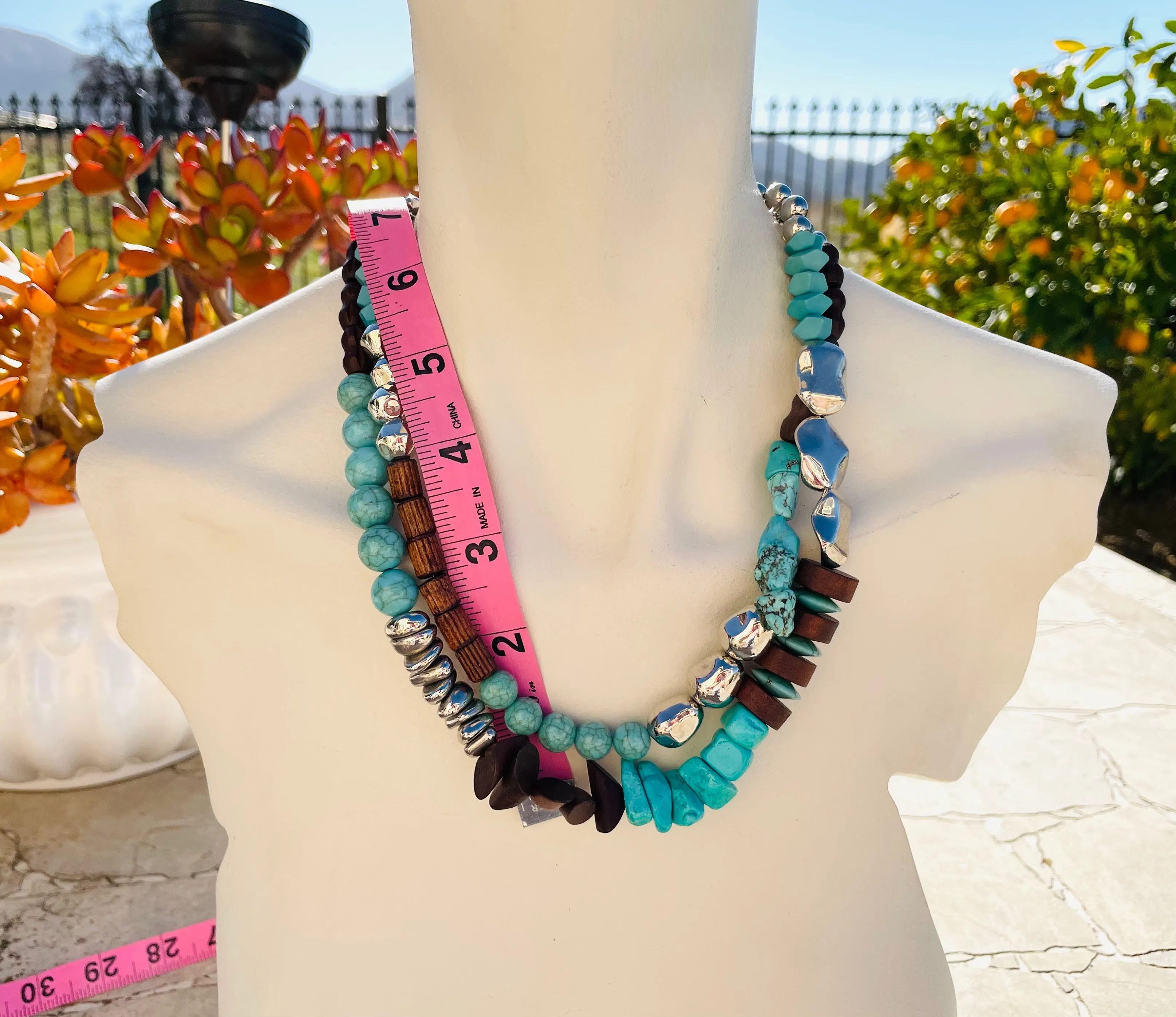 Artisan Silver Tone Wood Bead & Faux Turquoise Stone Double Layer Necklace