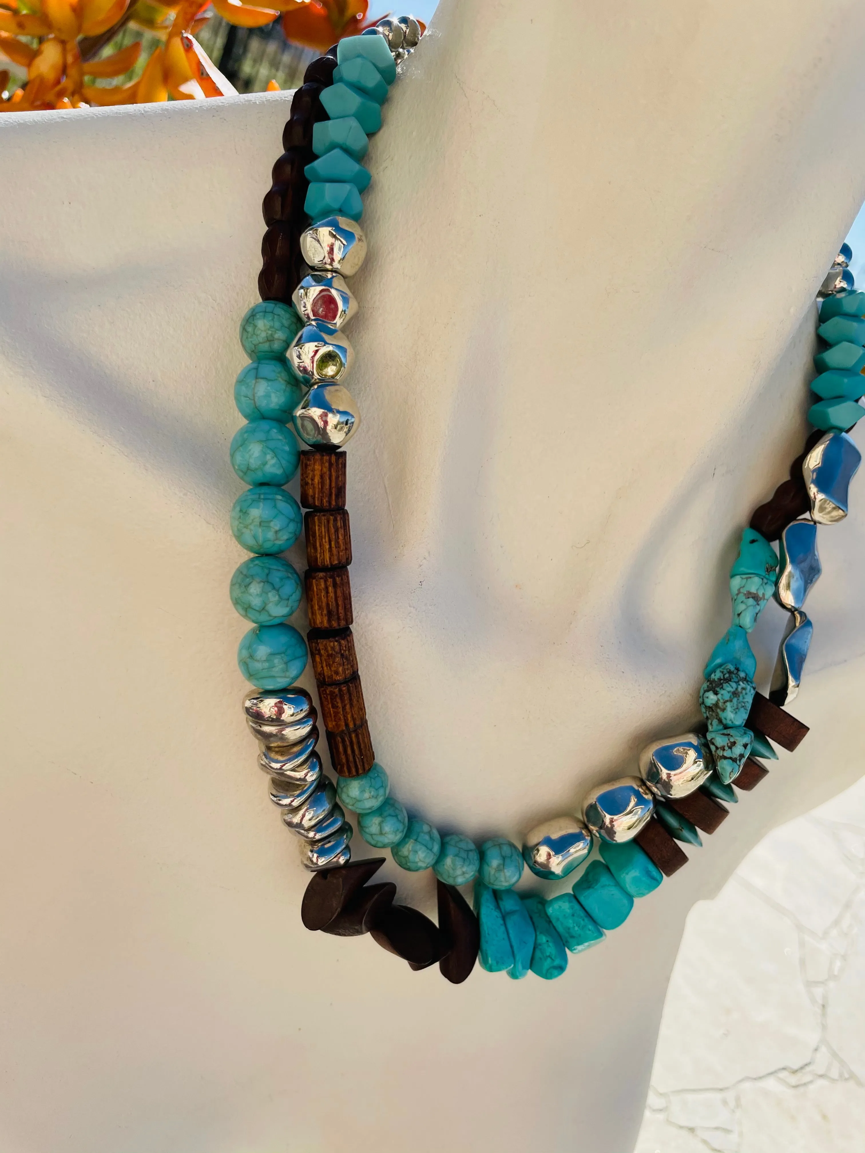 Artisan Silver Tone Wood Bead & Faux Turquoise Stone Double Layer Necklace