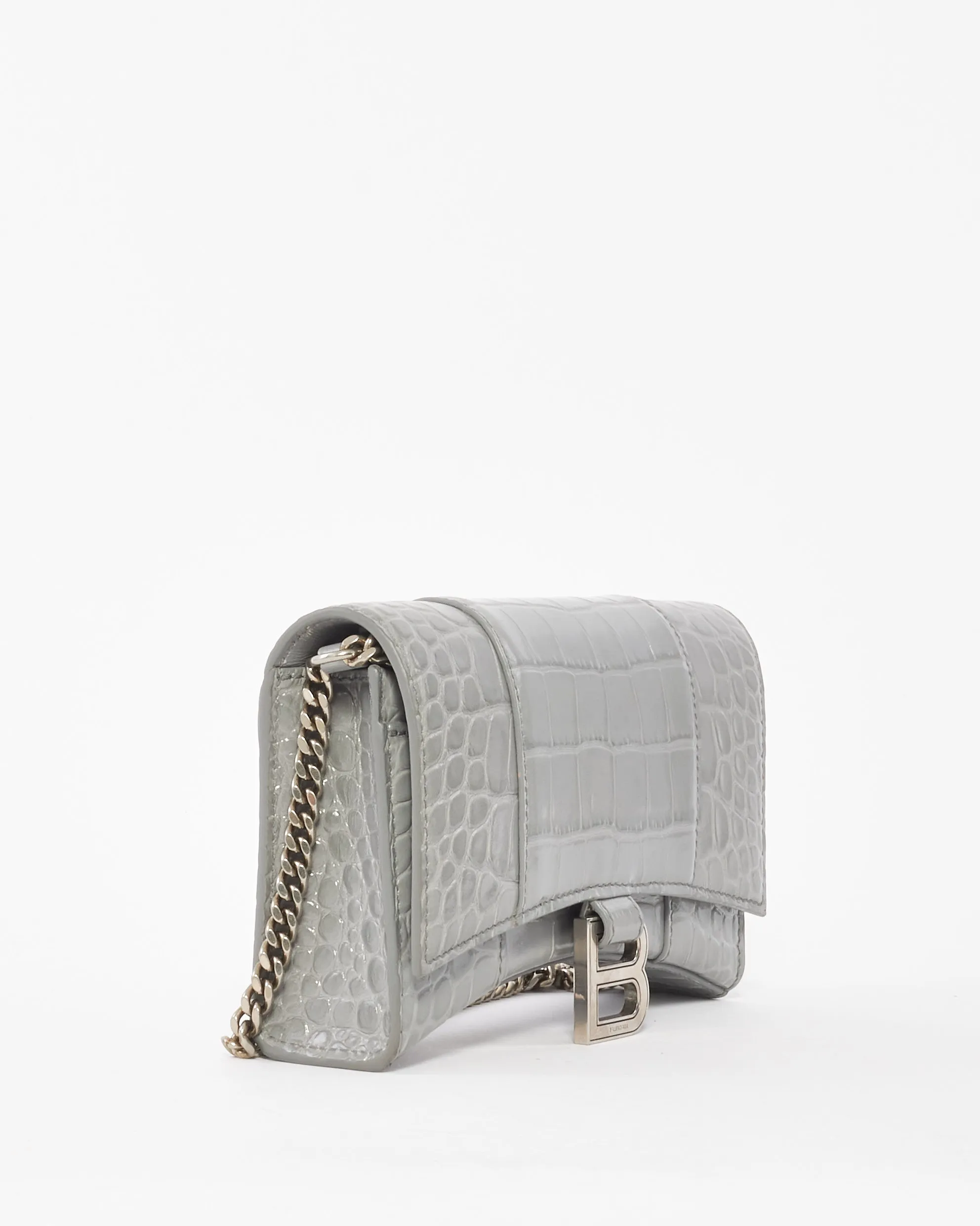 Balenciaga Light Grey Croc Embossed Hourglass Wallet On Chain