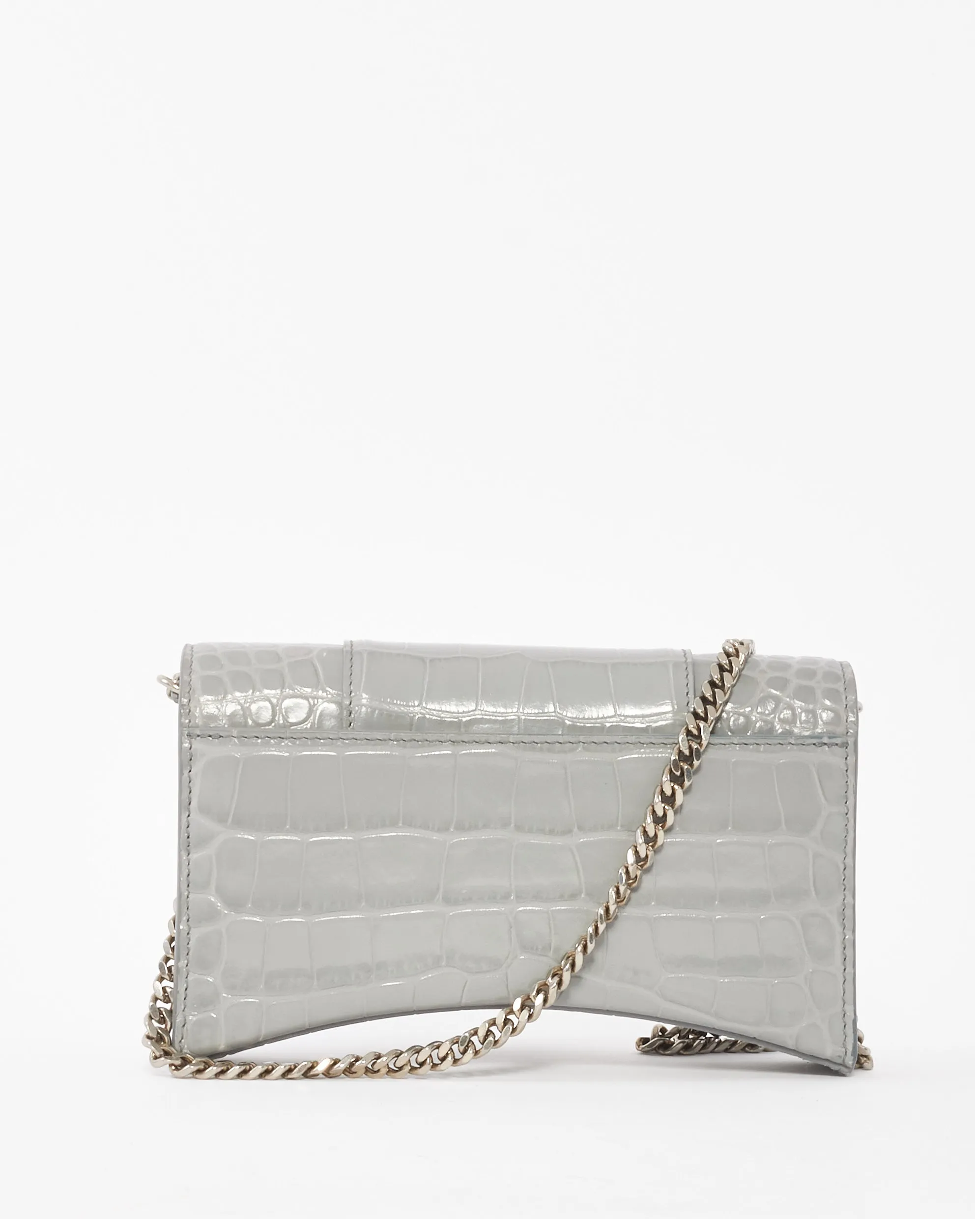 Balenciaga Light Grey Croc Embossed Hourglass Wallet On Chain