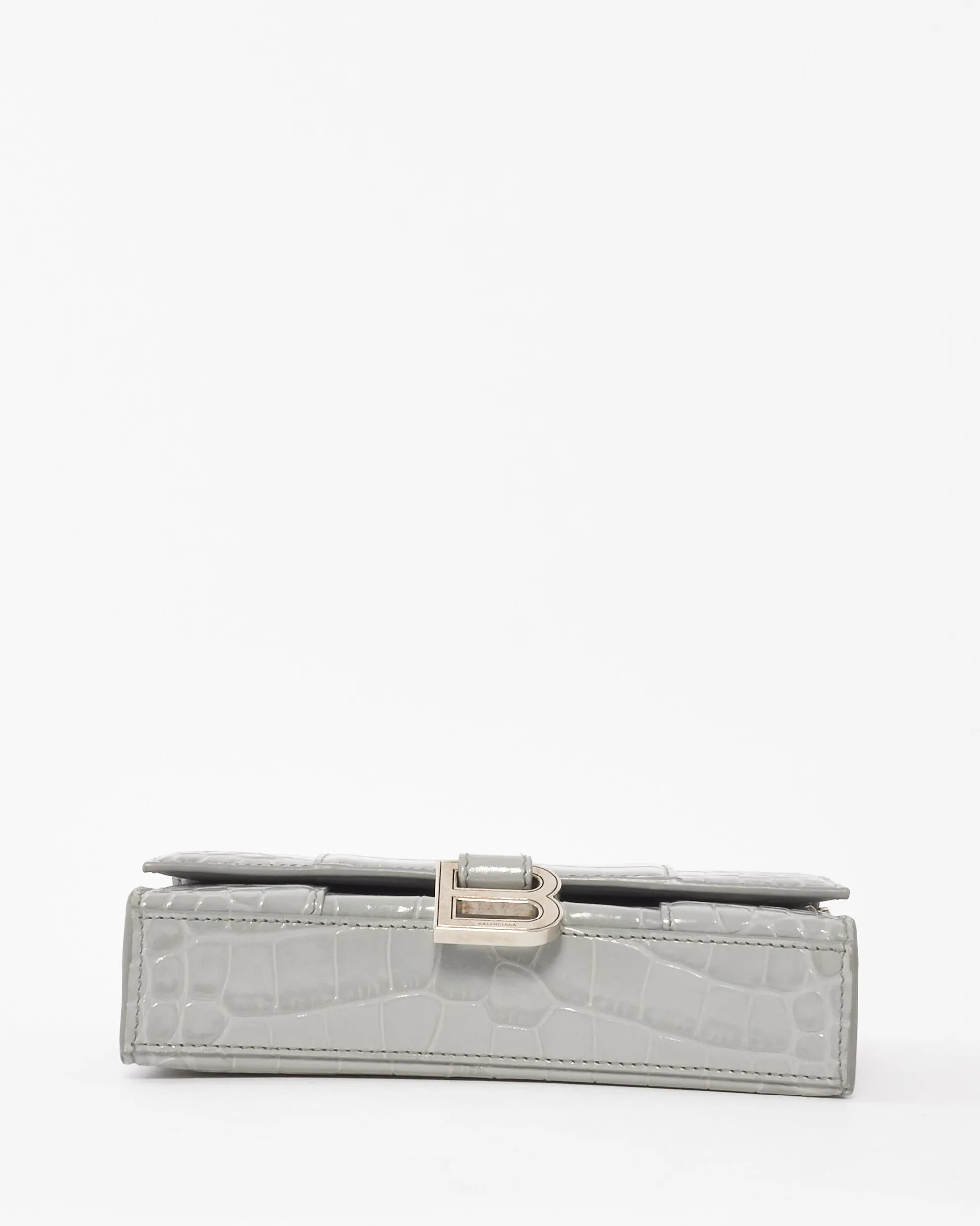 Balenciaga Light Grey Croc Embossed Hourglass Wallet On Chain