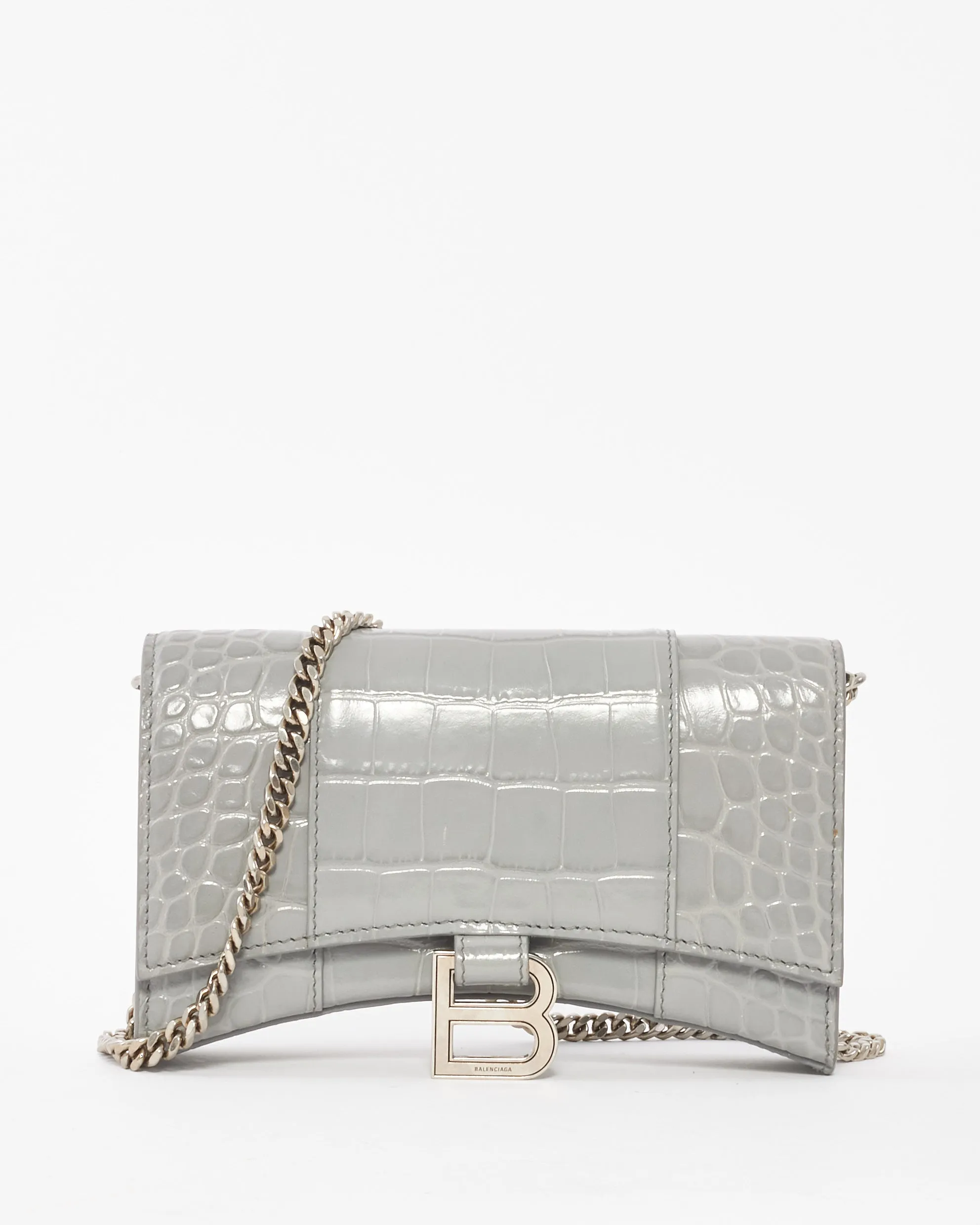 Balenciaga Light Grey Croc Embossed Hourglass Wallet On Chain