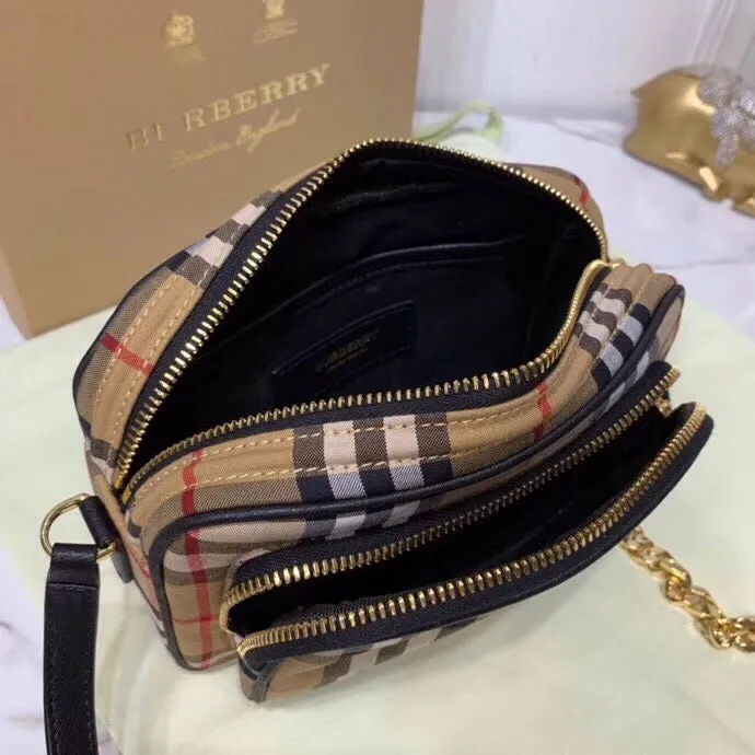 BB Vintage Check Cotton Camera Bag Neutral For Women, Women’s Bags 7.7in/19.5cm