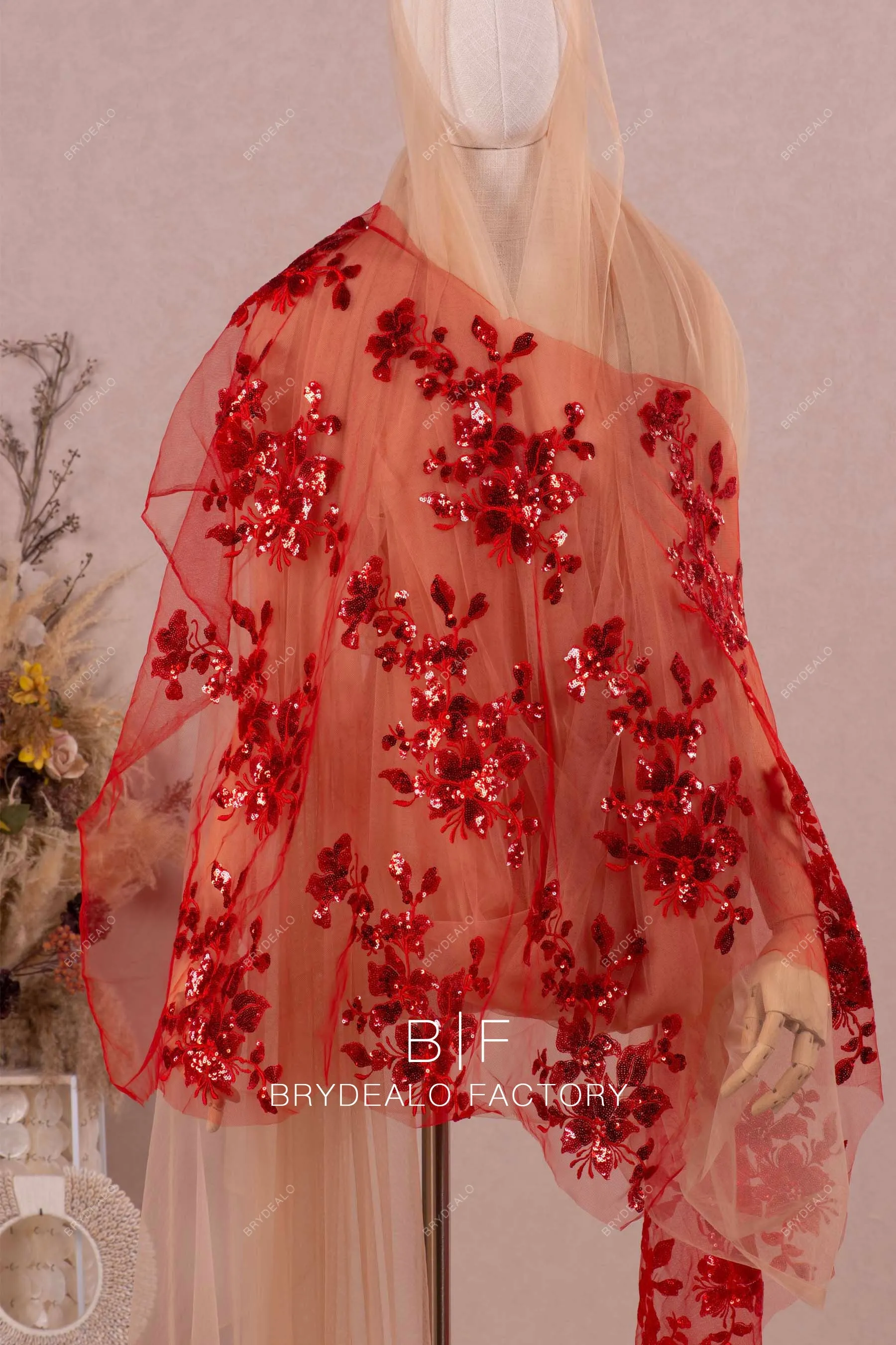 Bold Red Sequin Flower Embroidered Lace Fabric Online