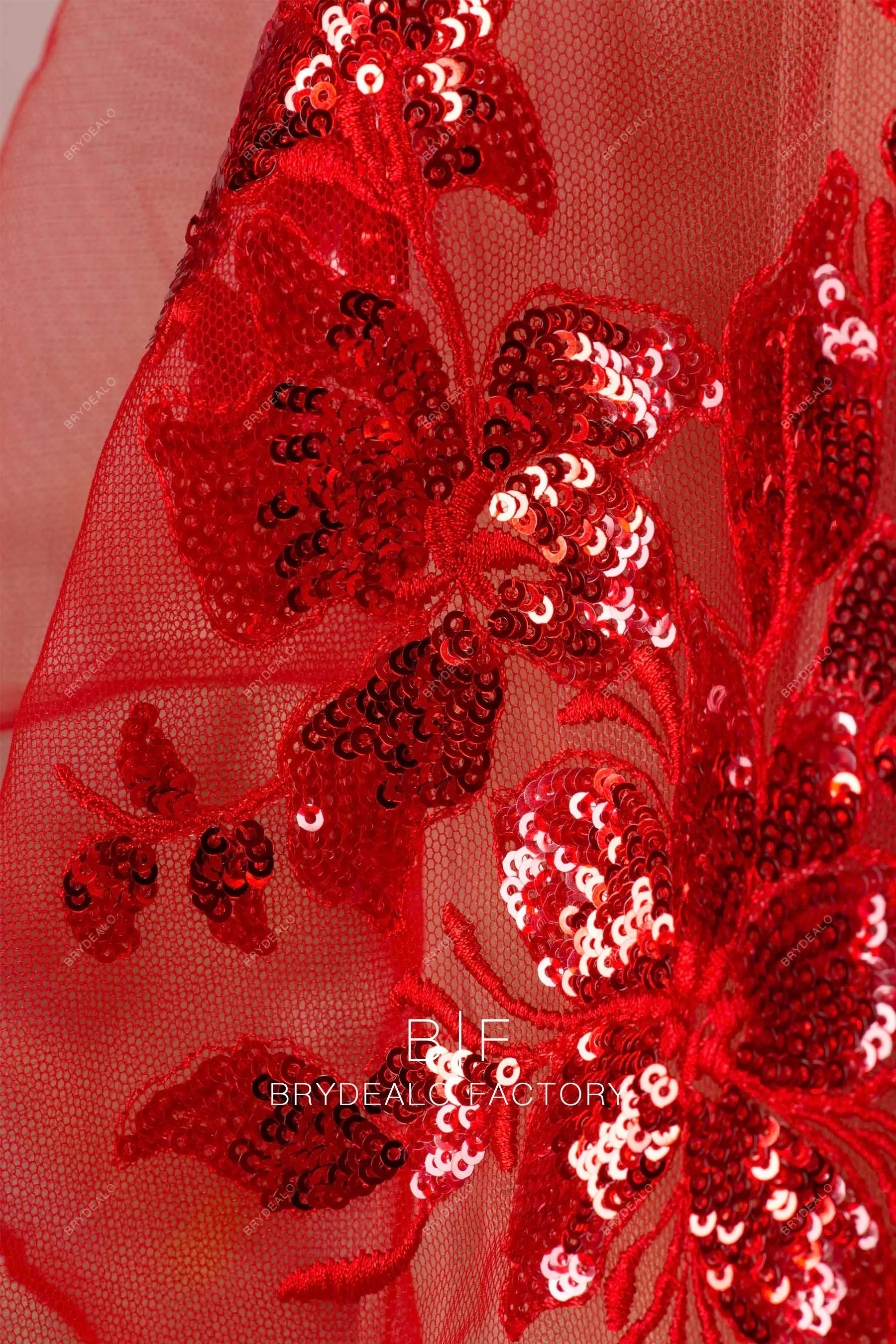 Bold Red Sequin Flower Embroidered Lace Fabric Online