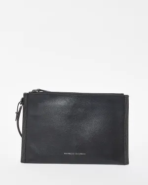 Brunello Cucinelli Black Leather & Sparkle Wristlet Pouch