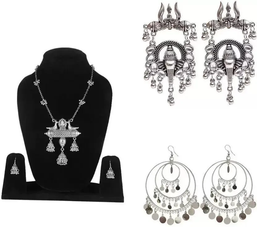 Combo Of 3 Oxidised Silver-Plated Stone-Studded & Beaded Jewellery Set