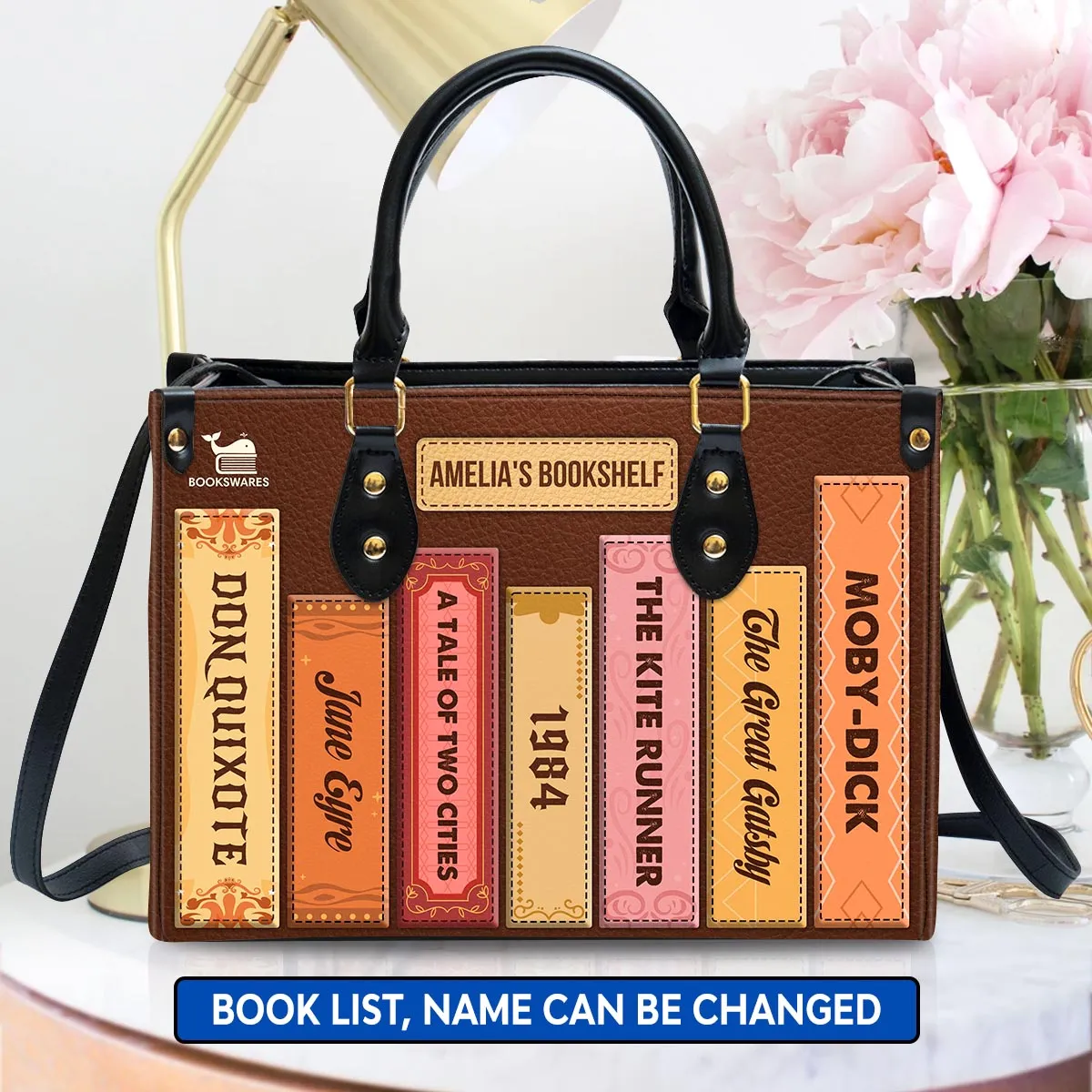 Custom Bookshelf Leather Handbag Book Lovers Gift LHBH01