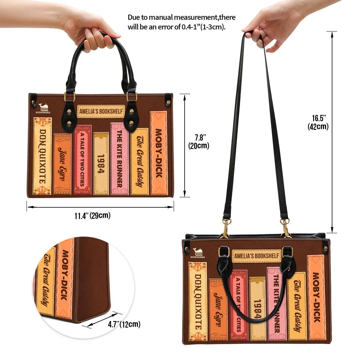 Custom Bookshelf Leather Handbag Book Lovers Gift LHBH01