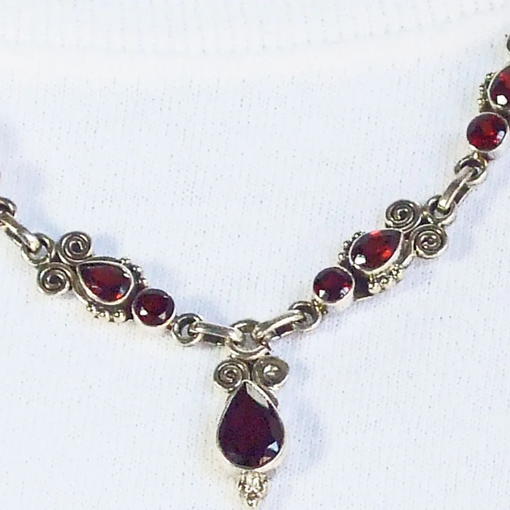 Danit, Sterling Silver and Pink Garnet Stone in Paisley Design Necklace