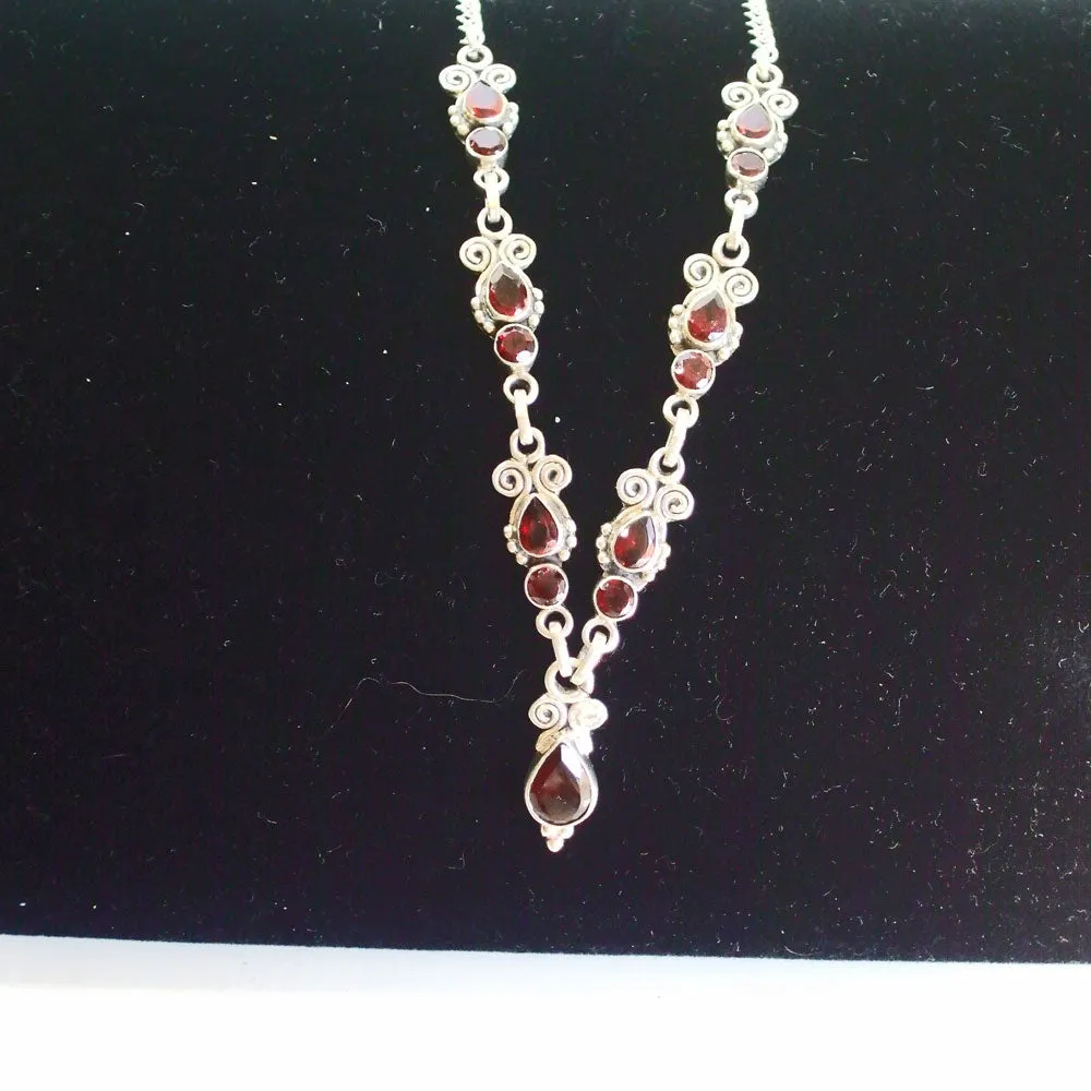 Danit, Sterling Silver and Pink Garnet Stone in Paisley Design Necklace