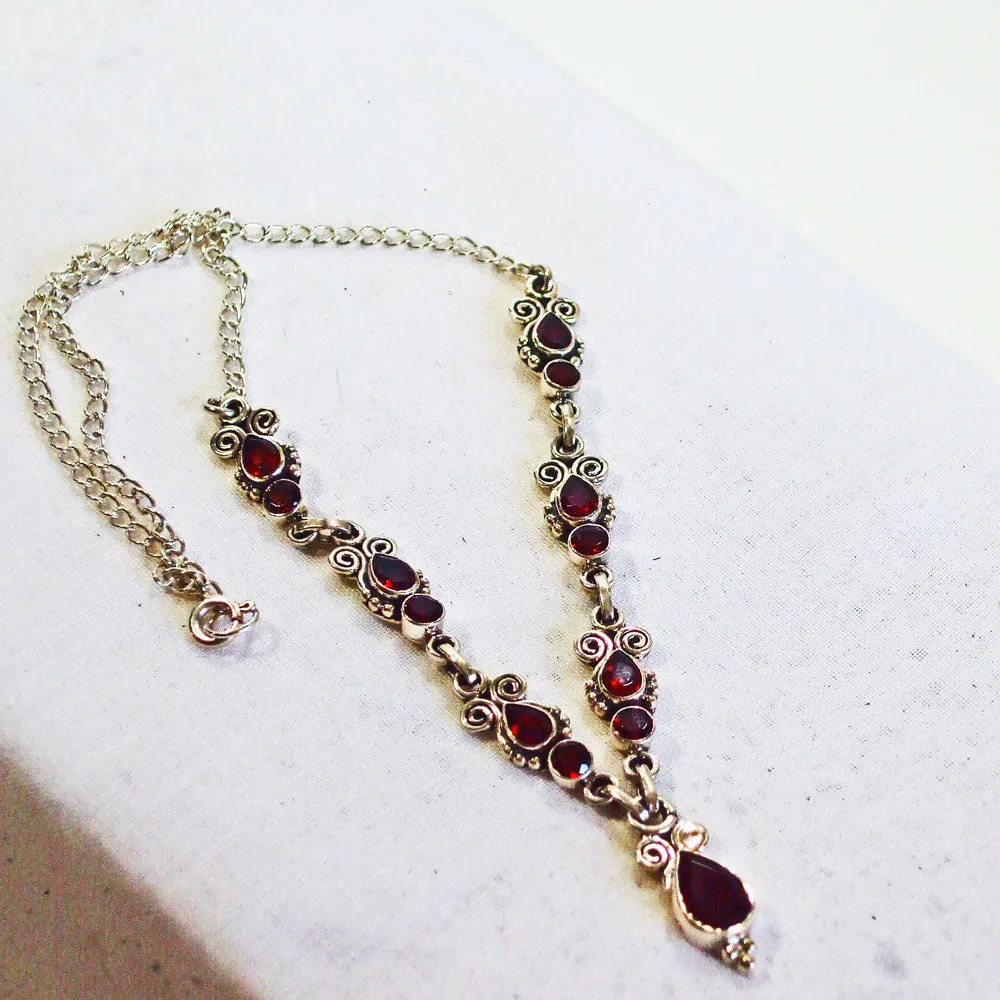 Danit, Sterling Silver and Pink Garnet Stone in Paisley Design Necklace