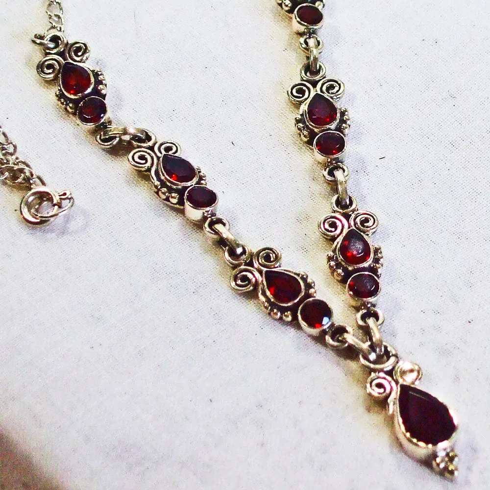 Danit, Sterling Silver and Pink Garnet Stone in Paisley Design Necklace