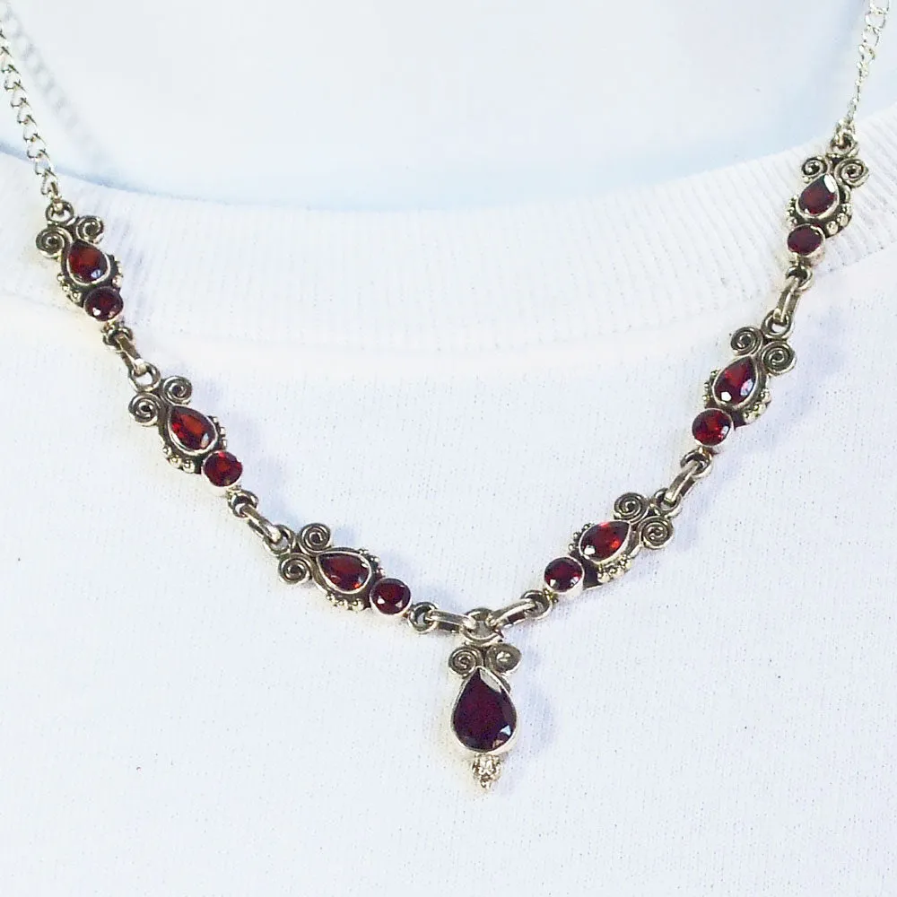 Danit, Sterling Silver and Pink Garnet Stone in Paisley Design Necklace