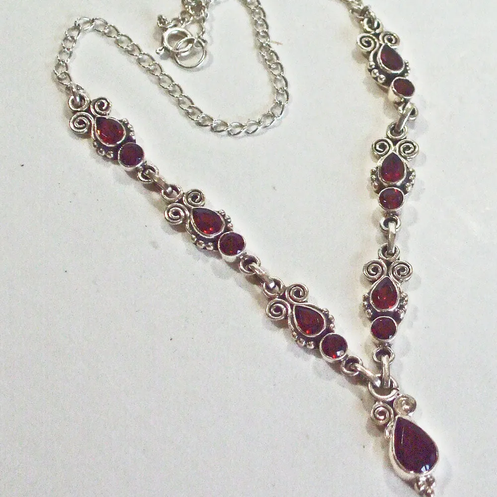 Danit, Sterling Silver and Pink Garnet Stone in Paisley Design Necklace