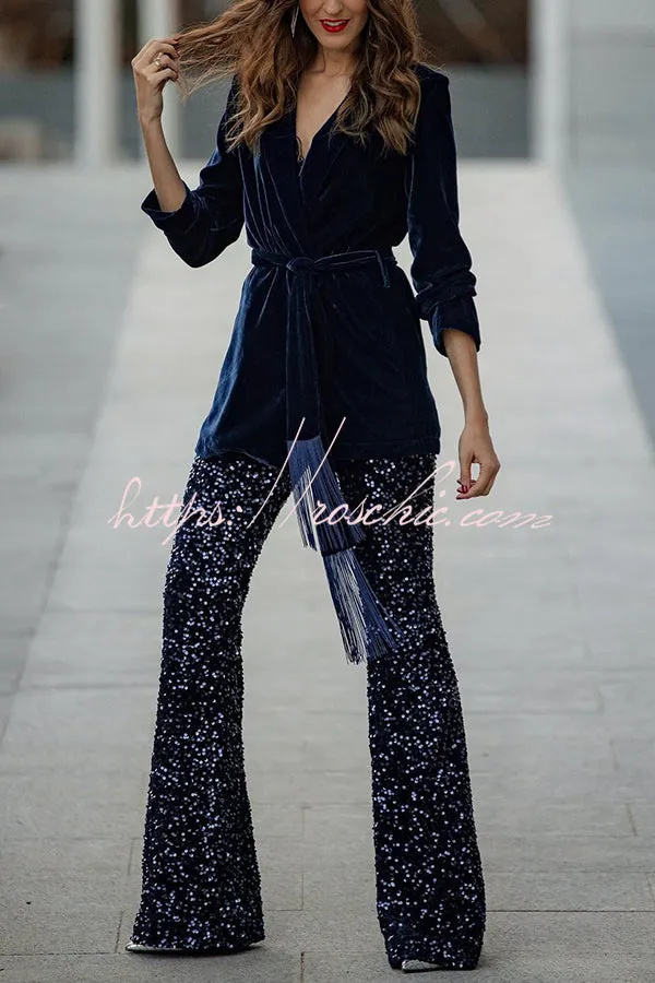 Diva Velvet Sequin High Rise Elastic Waist Flare Pants