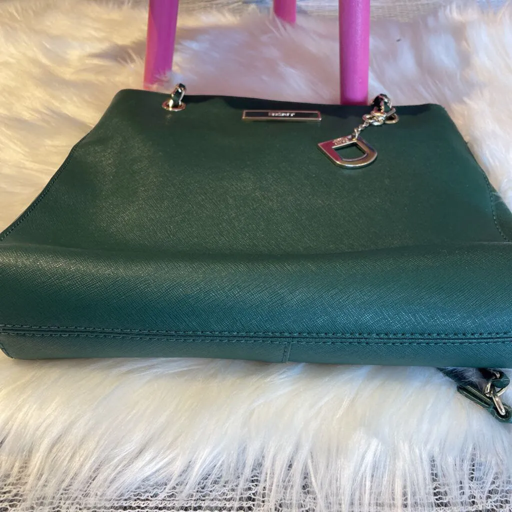 DKNY Leather Hunter Green Tote w/ Chain Wrapped Handles