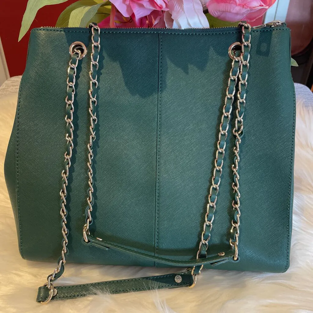 DKNY Leather Hunter Green Tote w/ Chain Wrapped Handles