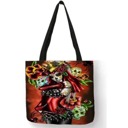 Eco Linen Crane Skull Tattoo Art Tote Shopping/Storage Bag