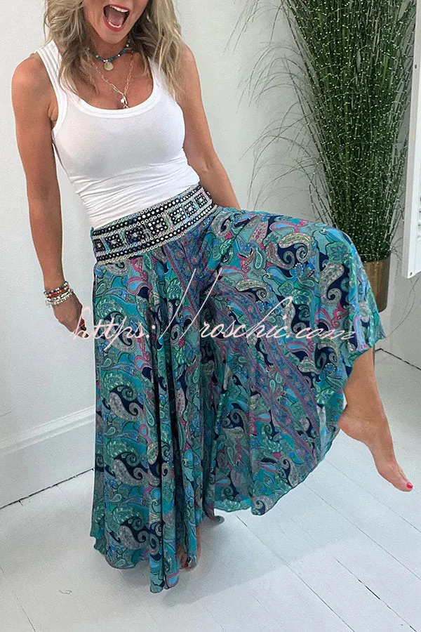 Ethnic Paisley Print Elastic Patchwork Waist Pocketed Lightweight Pants