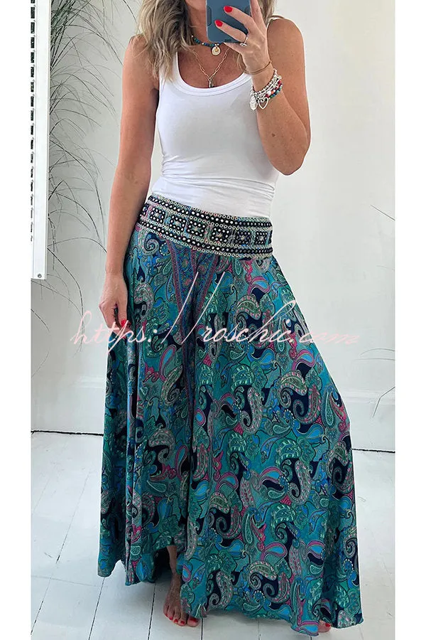 Ethnic Paisley Print Elastic Patchwork Waist Pocketed Lightweight Pants