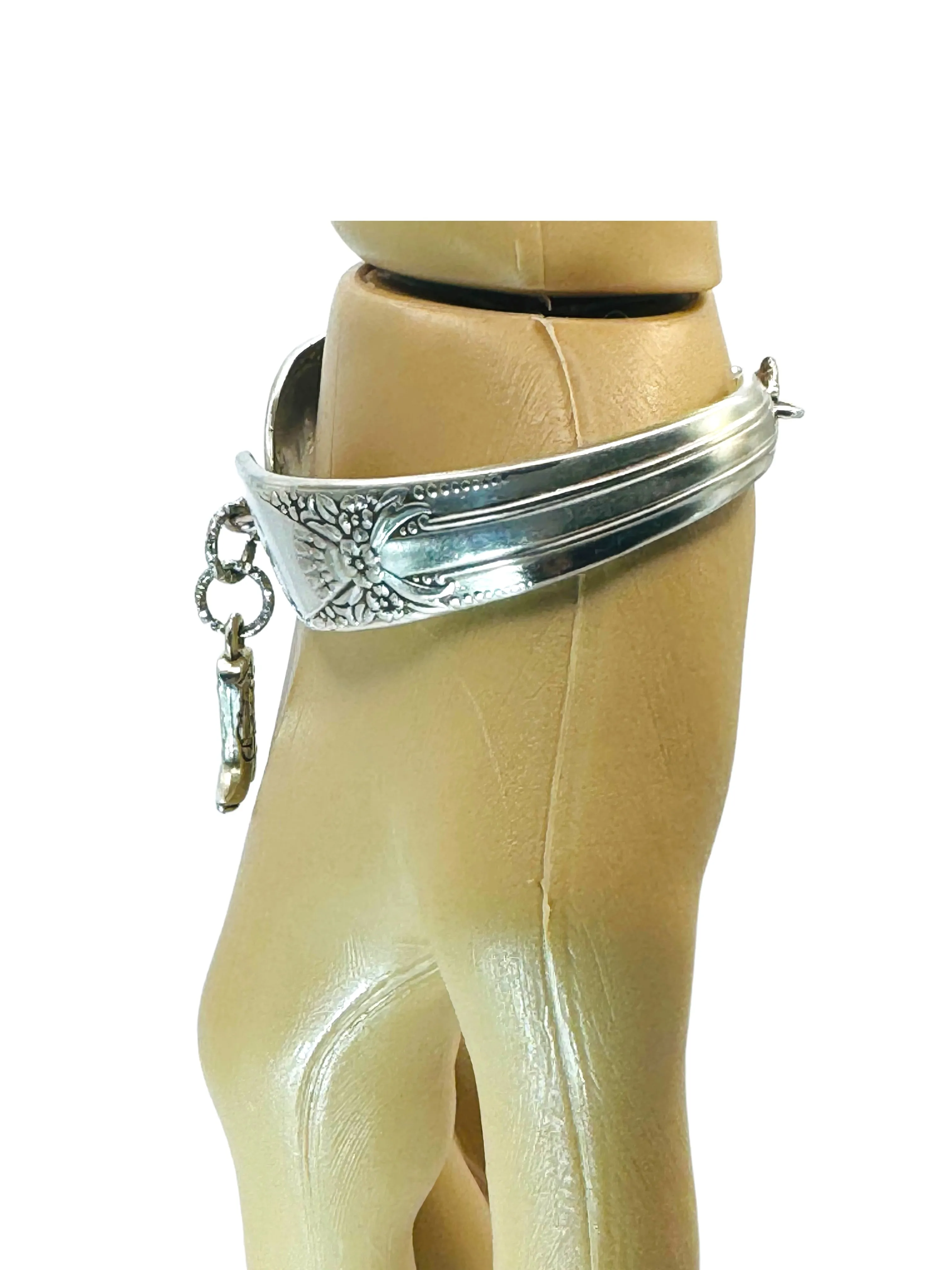 Hand Crafted Silverware Bracelet Floral Design Artisan Crafted Cuff with Cowboy Boot Charm