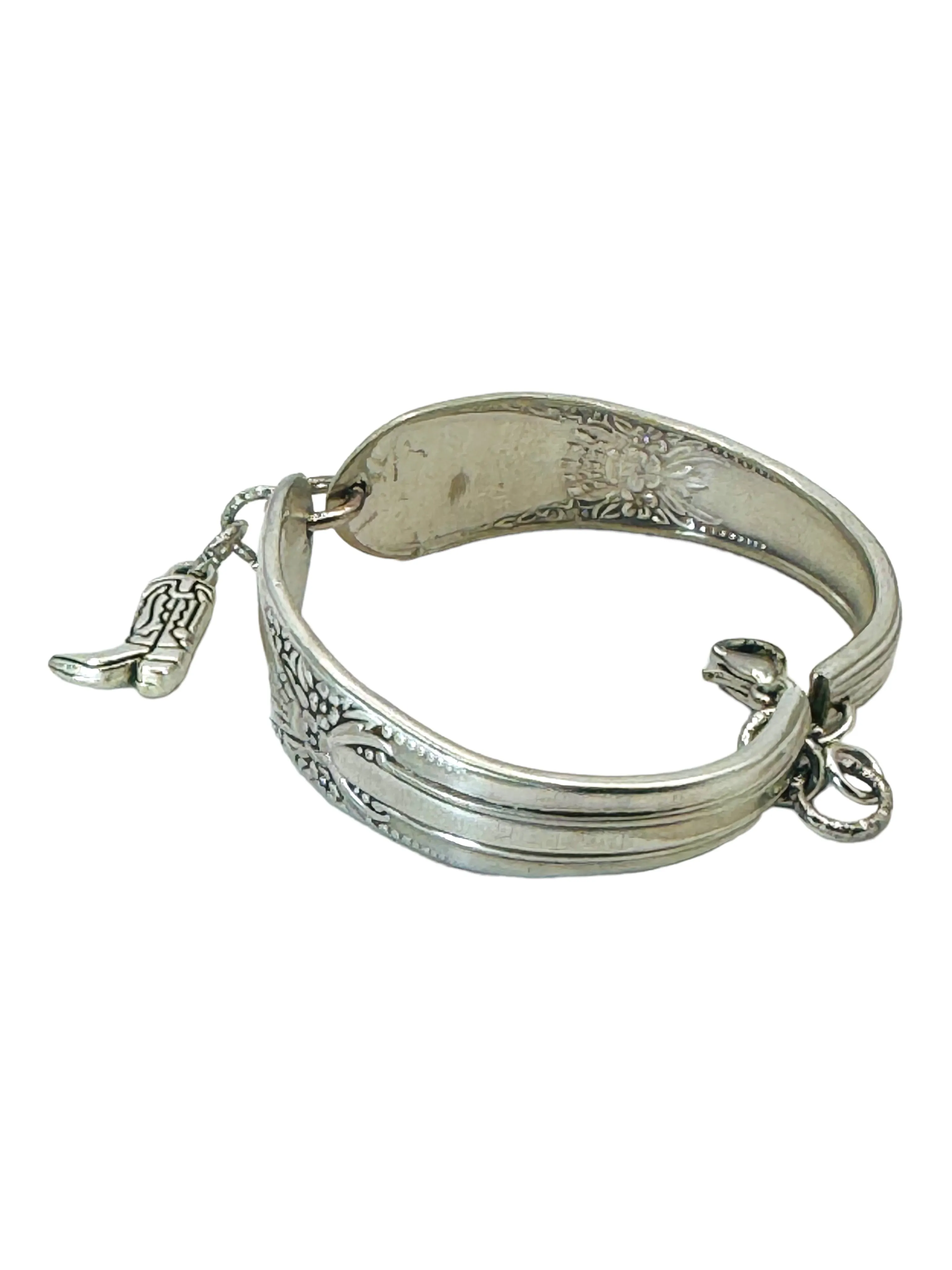 Hand Crafted Silverware Bracelet Floral Design Artisan Crafted Cuff with Cowboy Boot Charm