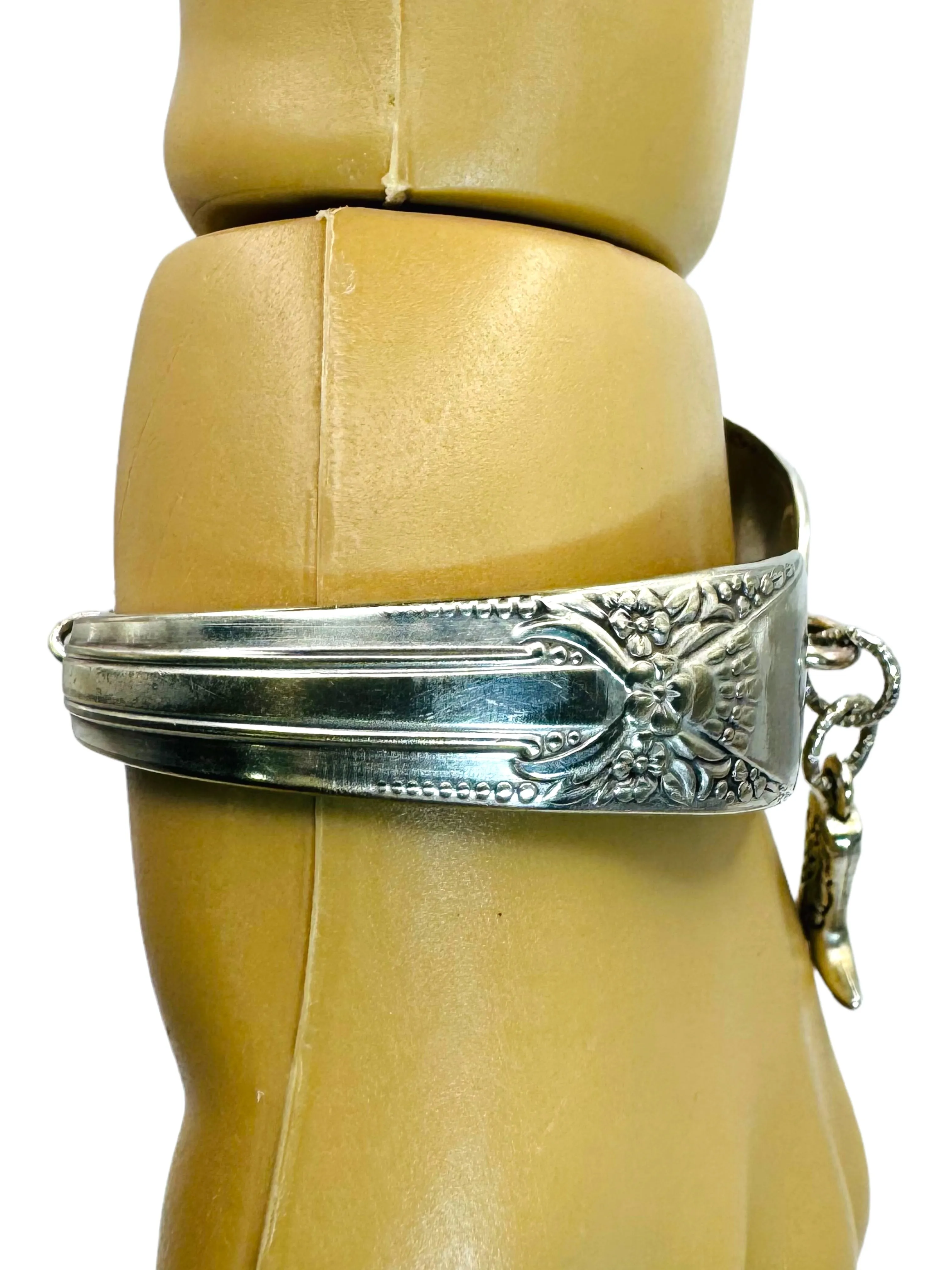 Hand Crafted Silverware Bracelet Floral Design Artisan Crafted Cuff with Cowboy Boot Charm