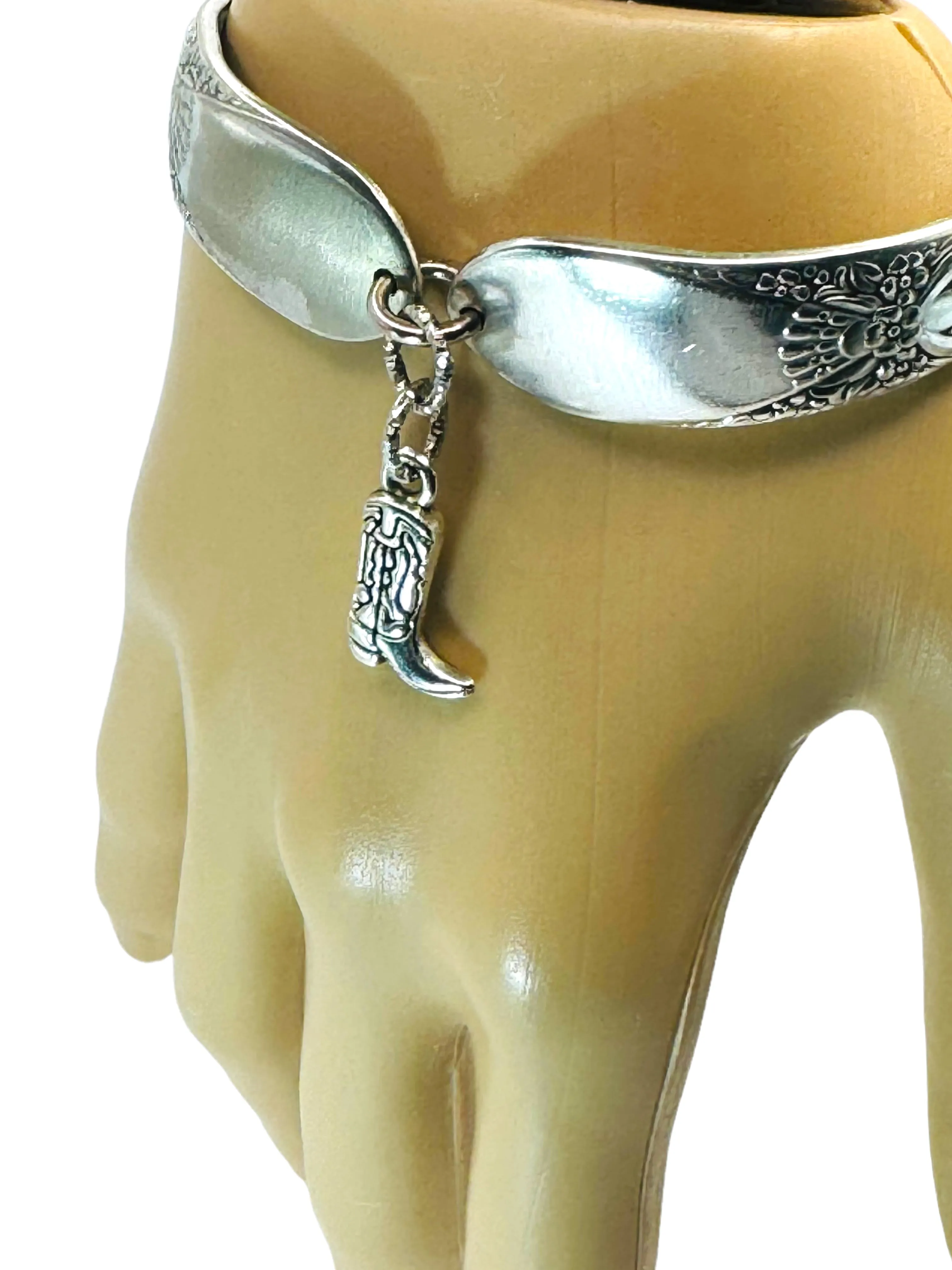 Hand Crafted Silverware Bracelet Floral Design Artisan Crafted Cuff with Cowboy Boot Charm