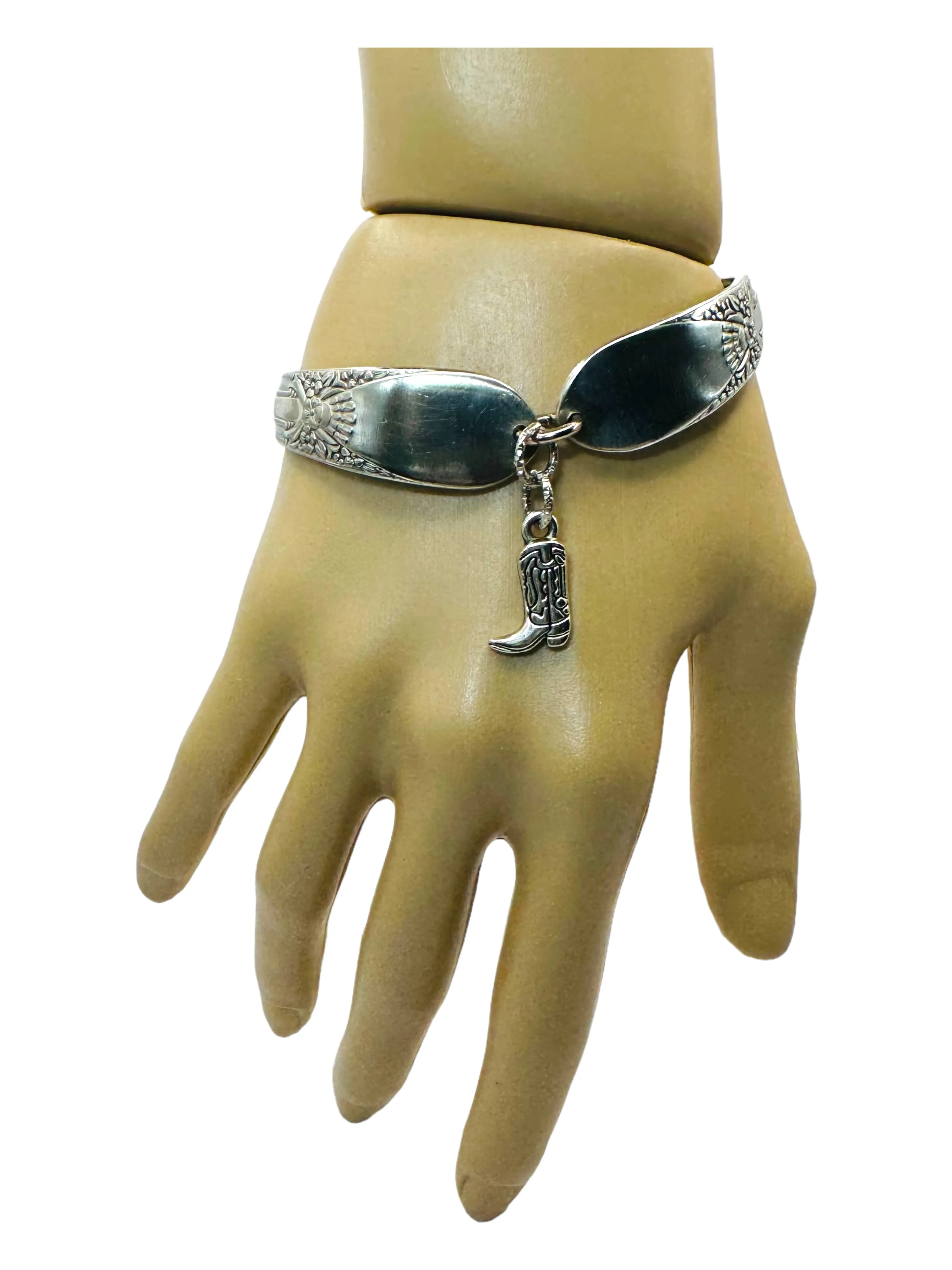 Hand Crafted Silverware Bracelet Floral Design Artisan Crafted Cuff with Cowboy Boot Charm