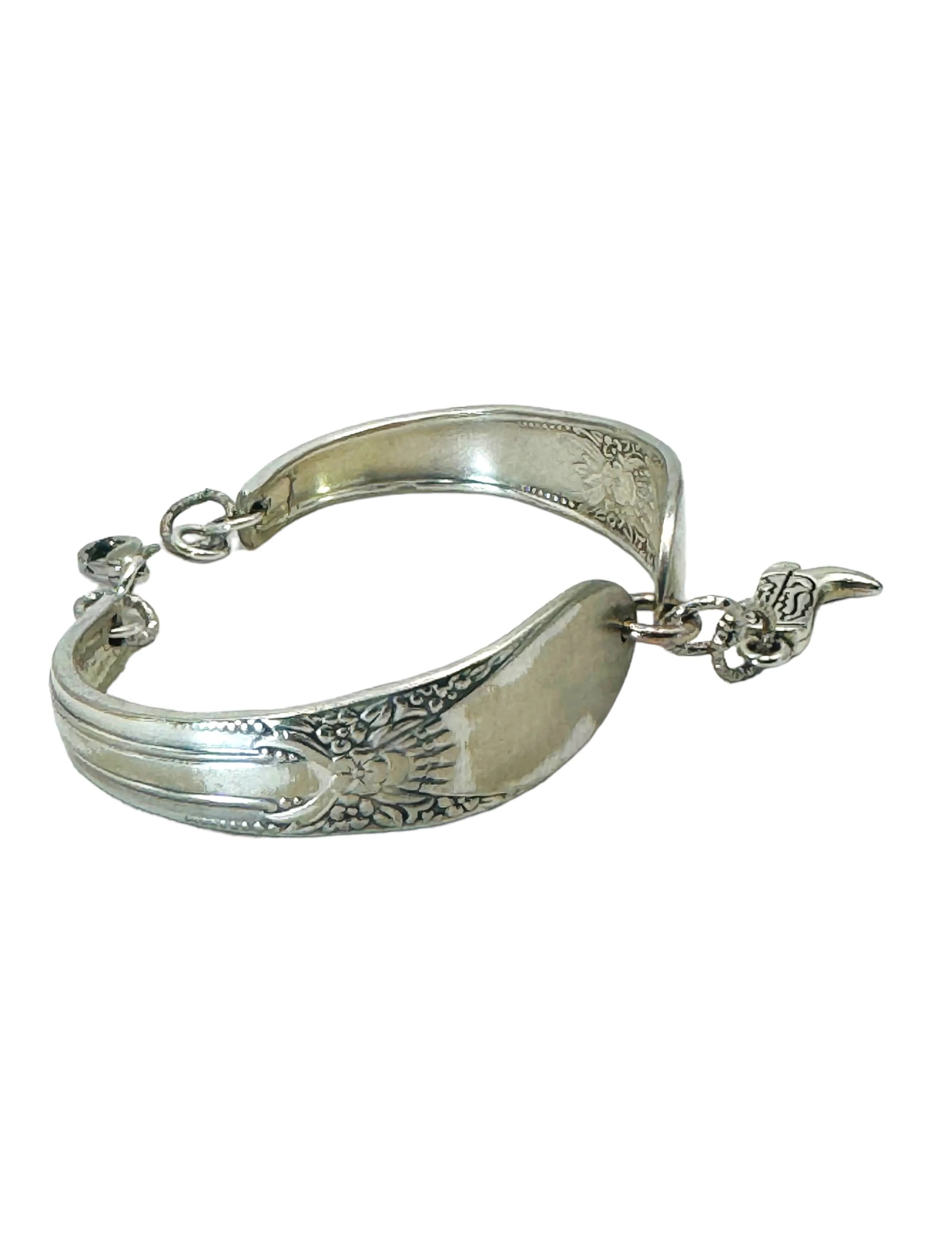 Hand Crafted Silverware Bracelet Floral Design Artisan Crafted Cuff with Cowboy Boot Charm