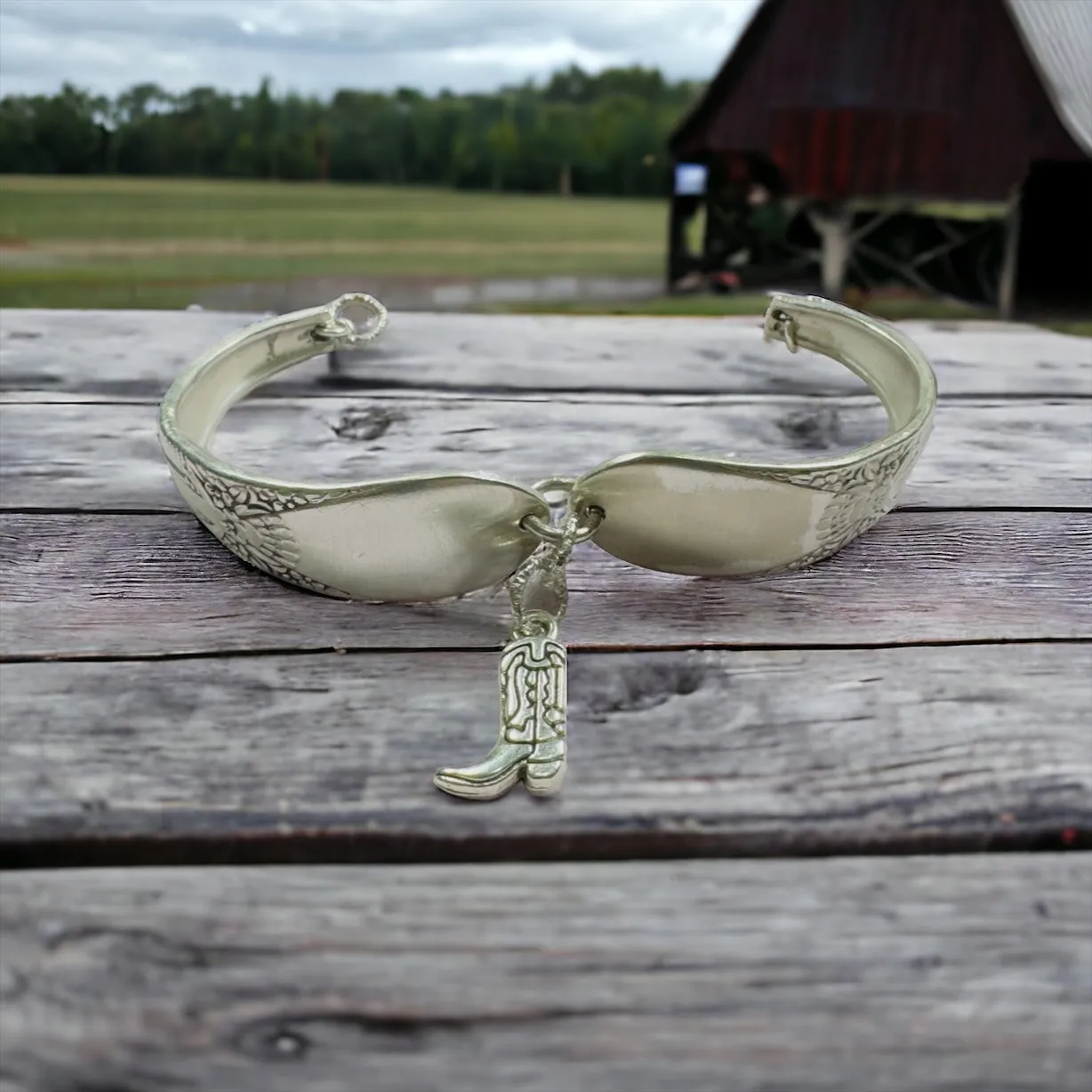 Hand Crafted Silverware Bracelet Floral Design Artisan Crafted Cuff with Cowboy Boot Charm