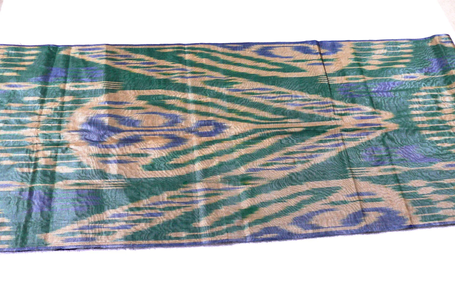 Ikat Fabric, Hand dyed, Hand Woven Gold, Blue and Green