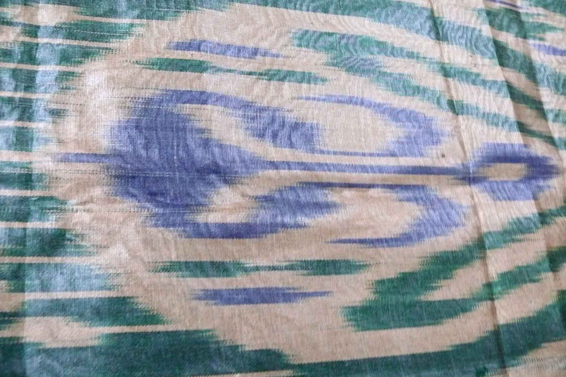 Ikat Fabric, Hand dyed, Hand Woven Gold, Blue and Green