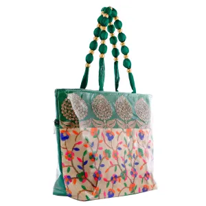 Kuber Industries Floral Design Silk Laminated Embroidered Women's Handbag (Green) - CTKTC23125