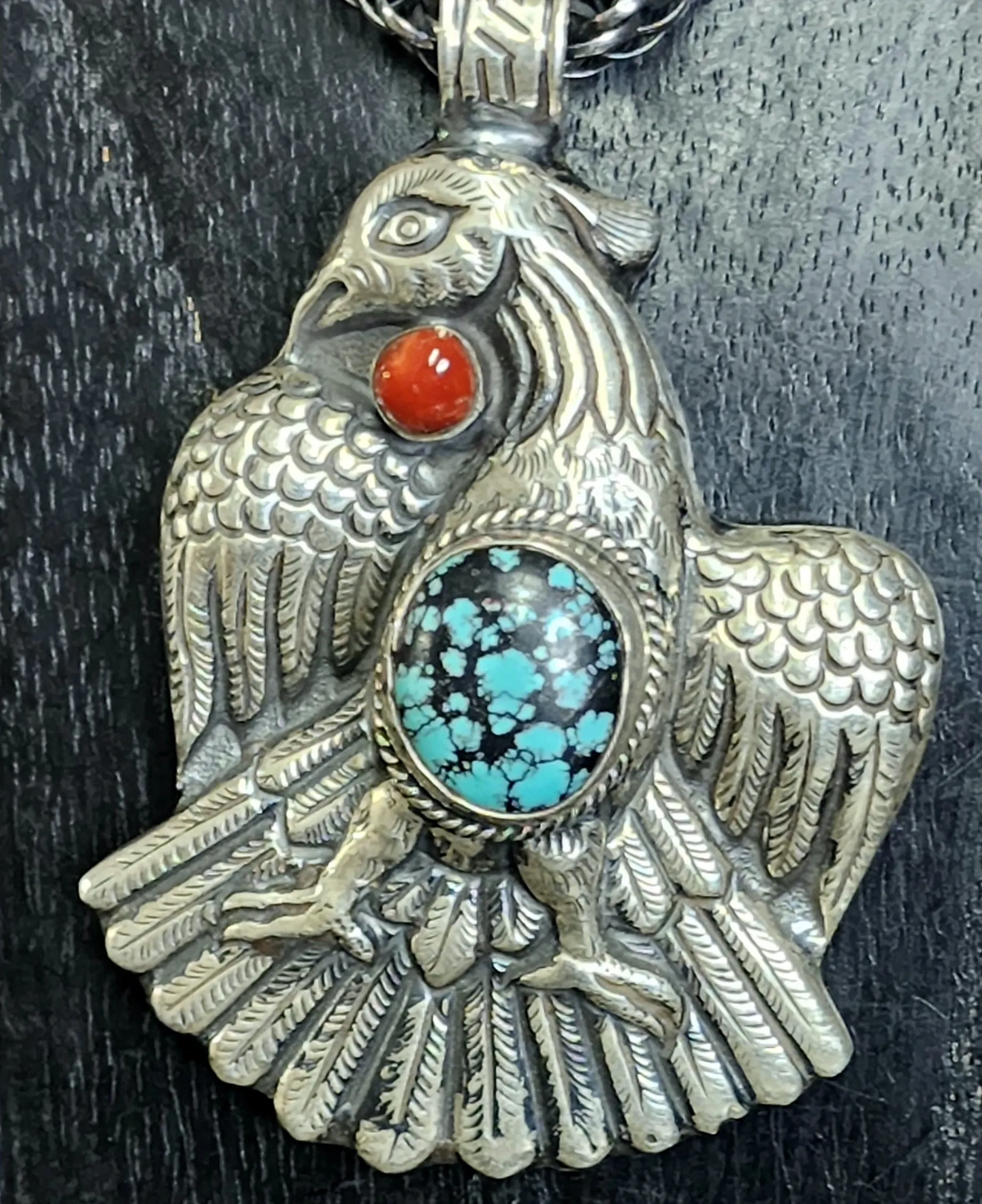 Phoenix Rising Turquoise and Coral Pendant