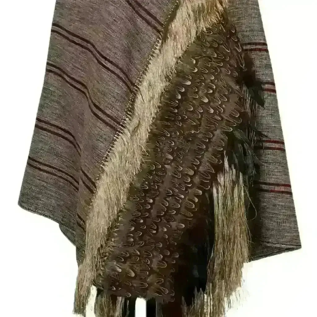 Purepecha rebozo with fringe and feathers