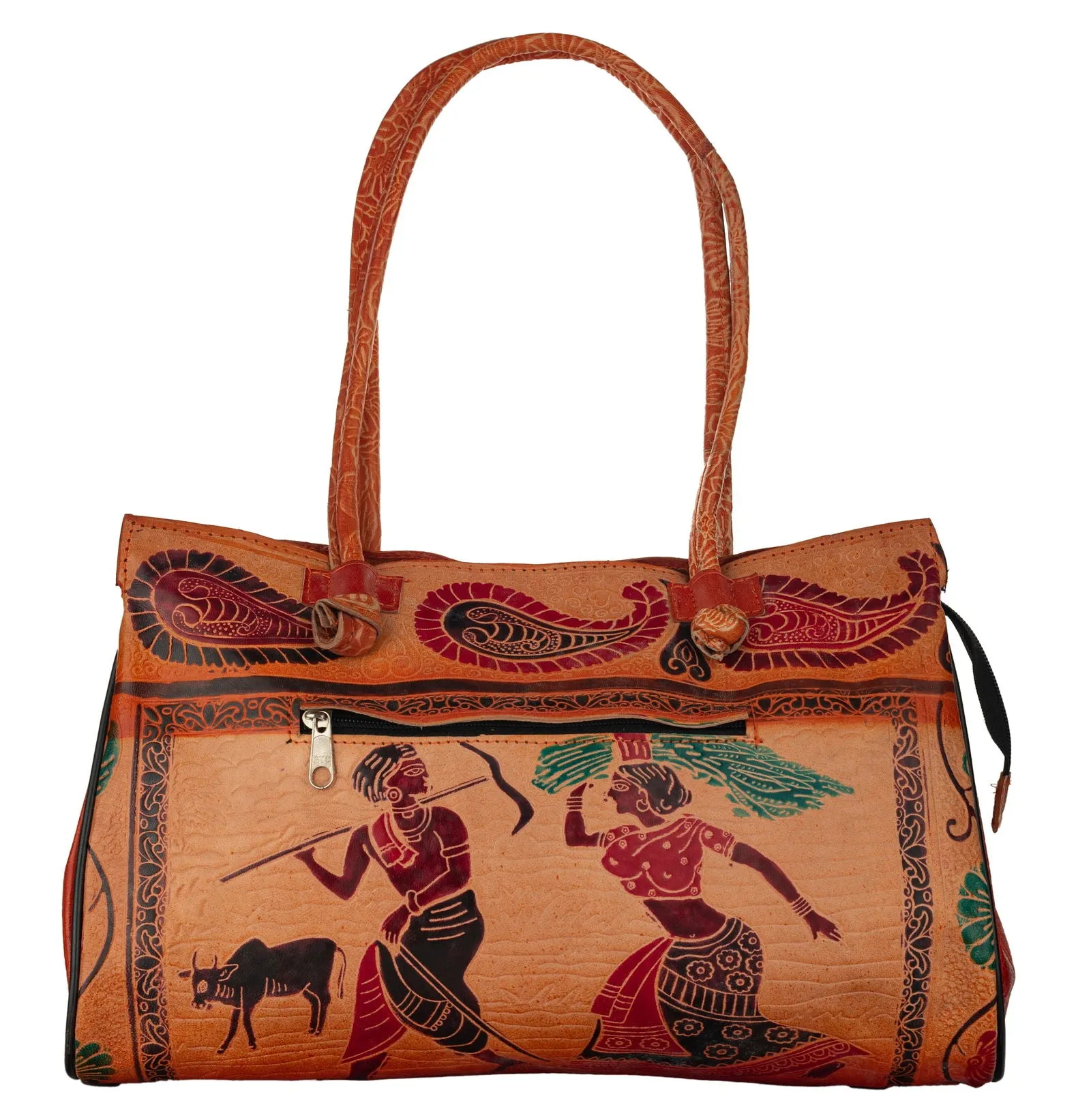 Shantiniketan Handcrafted Brown Leather Handbag for Women – Spacious 4 Compartment Design (15x12)